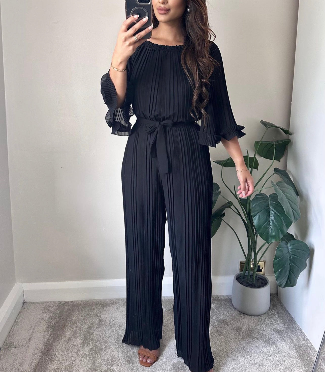 Black Pleated Chiffon Jumpsuit