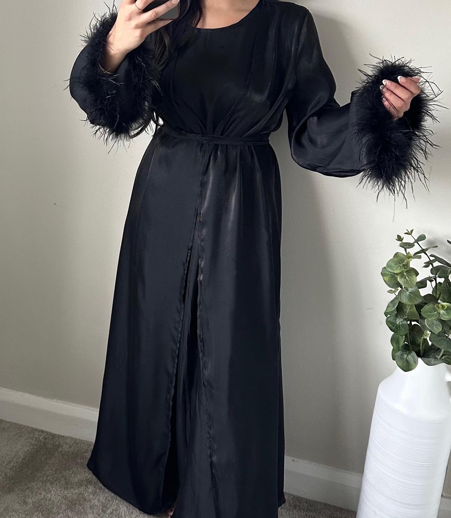 Black Shimmer Feather Abaya Set 198