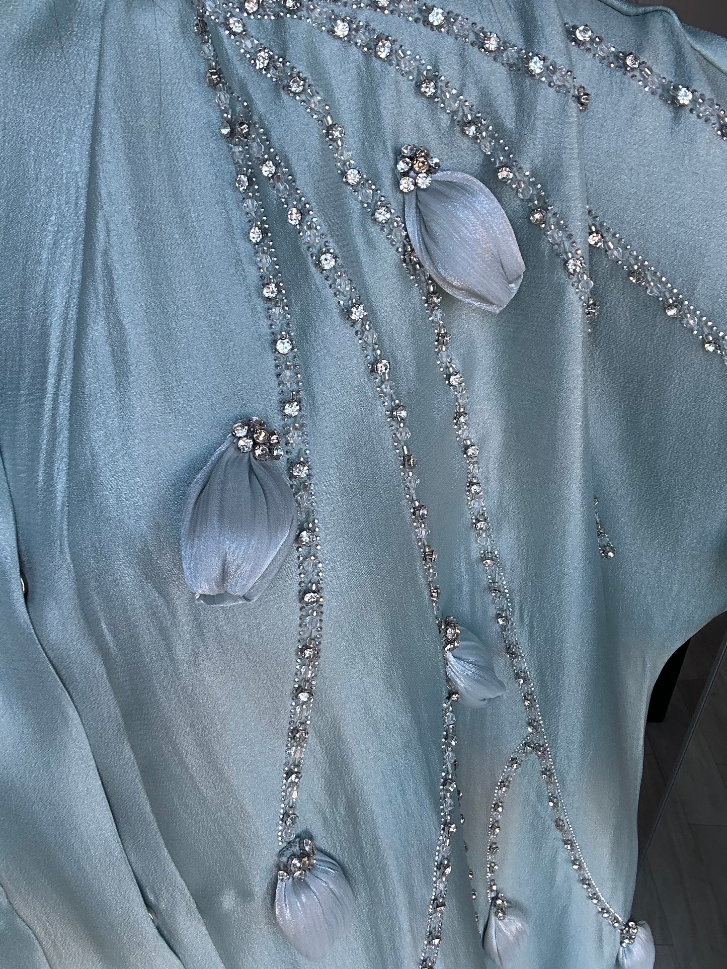 Mint Green Rose Drop Embellished Buttoned Abaya