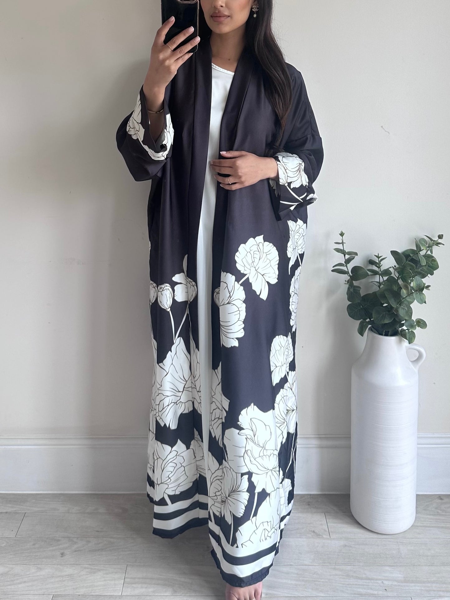 Black Floral Satin Kimono 2 PC Set