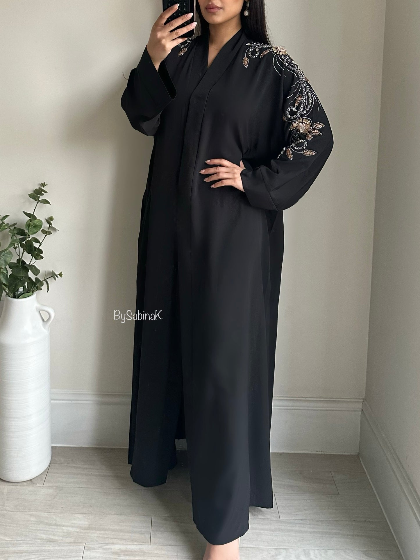 Black Embellished Open Buttoned Abaya