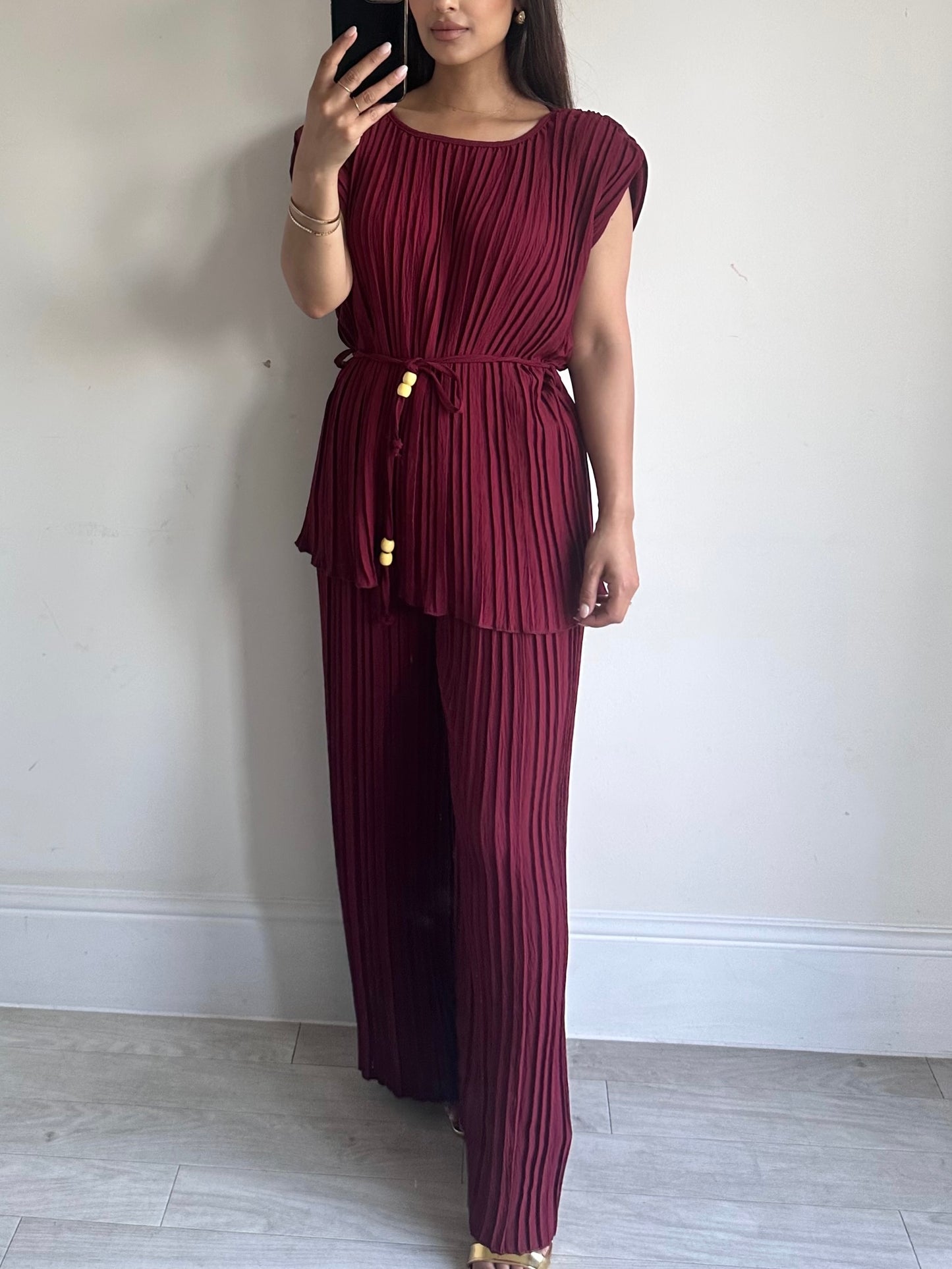 Burgundy Red Pleated Short Sleeve Set Co-ord