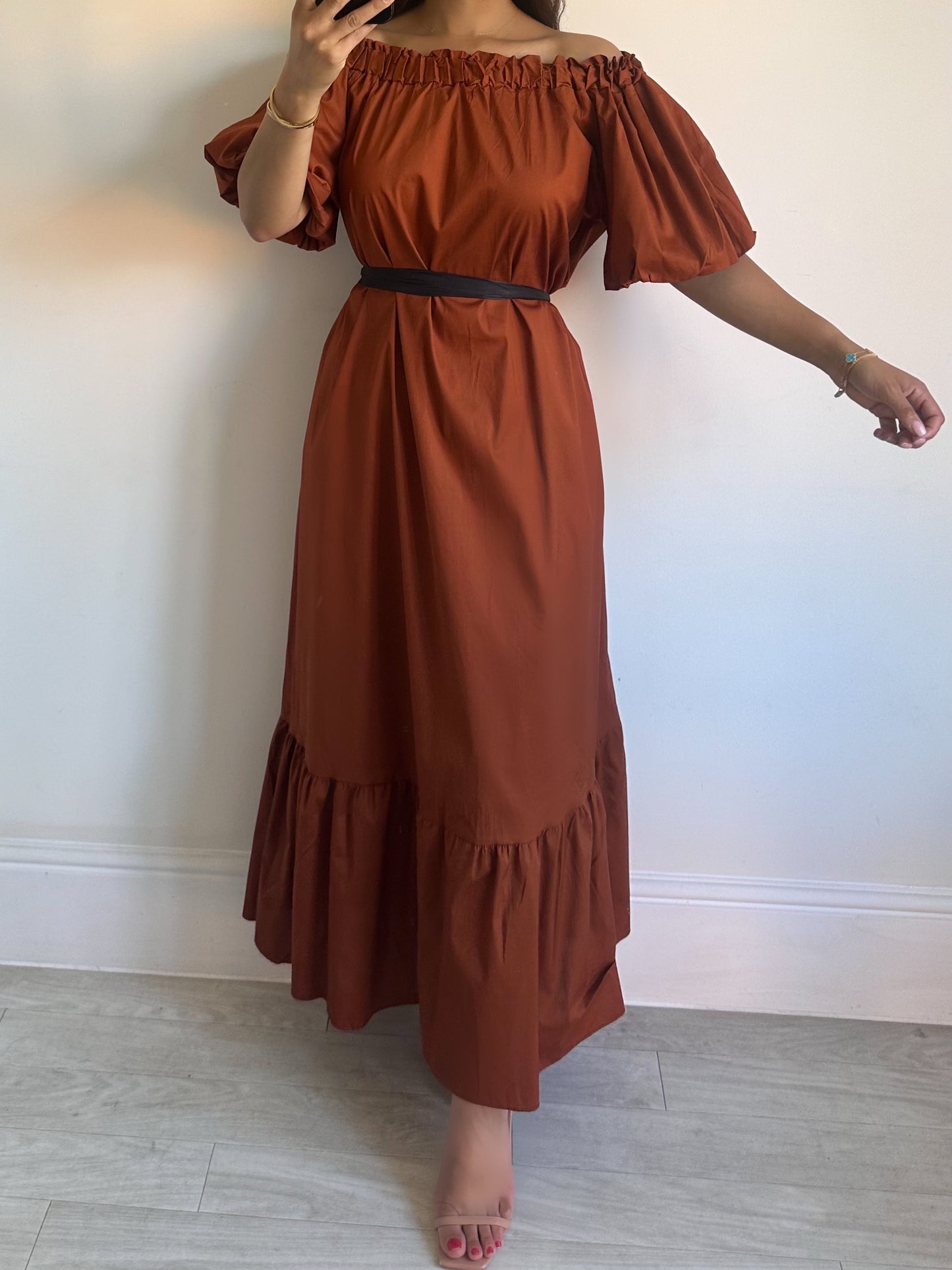 Brown Cotton Off Shoulder Maxi Dress