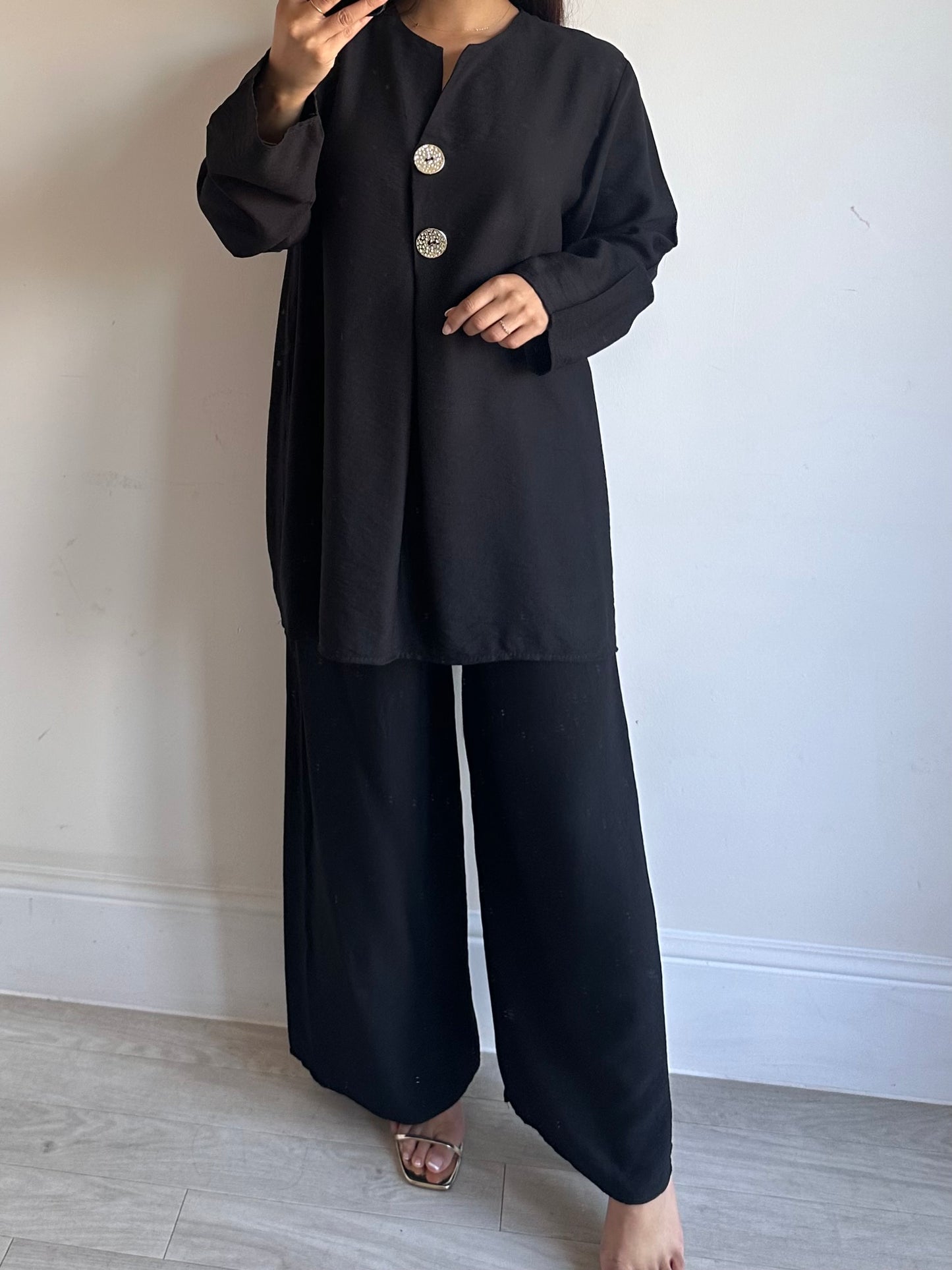 Black Linen Gold Button Co-ord Set