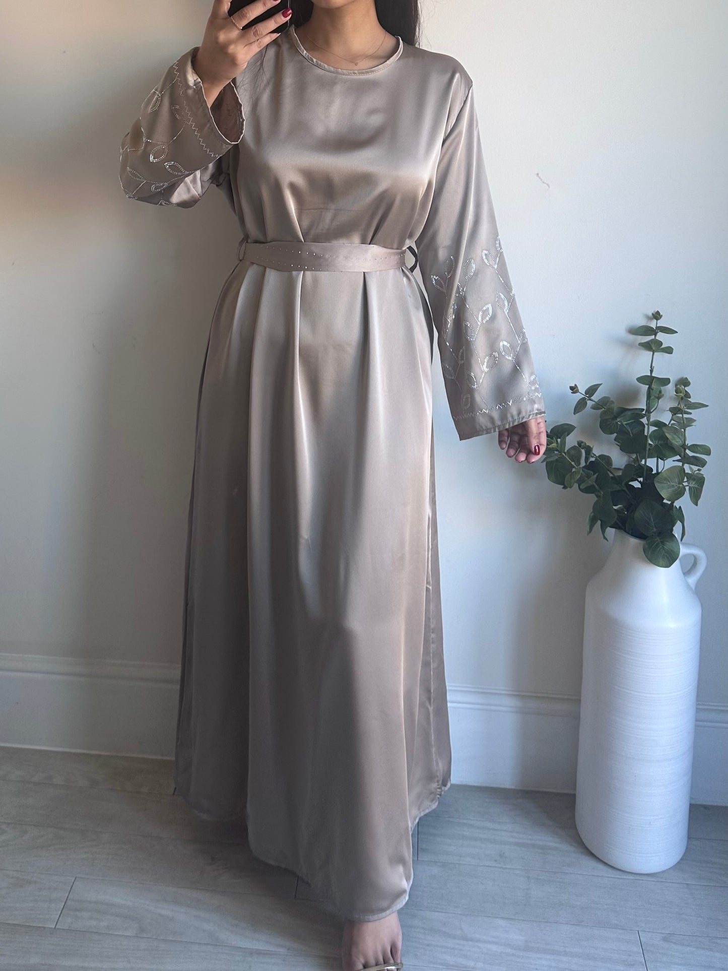 Taupe Satin Rhinestone Belted Dress