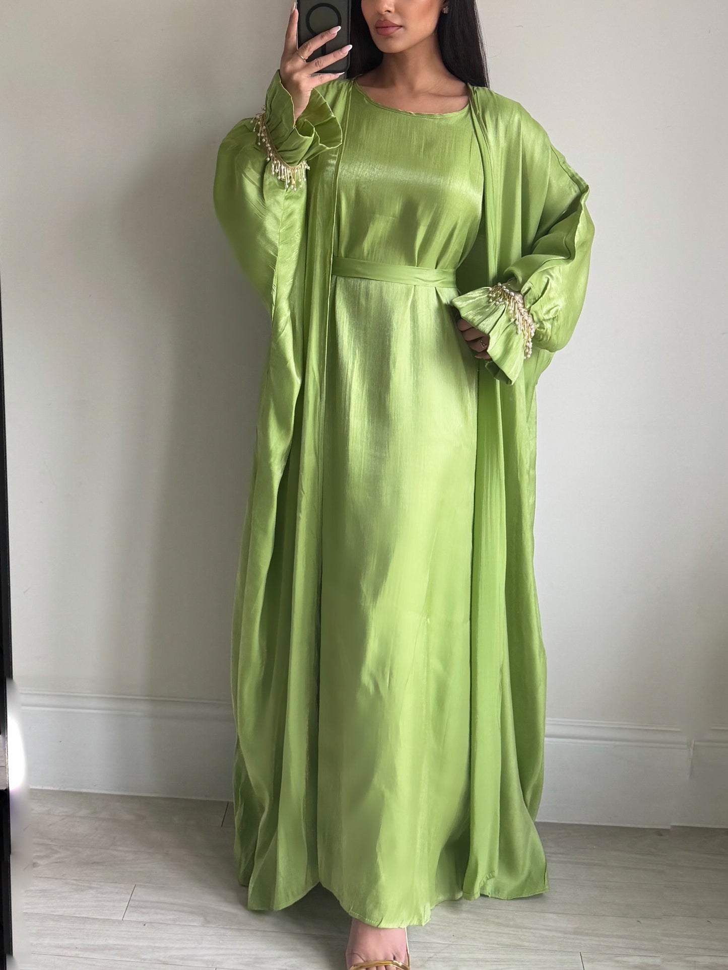 Lime Green Tassel Cuff Detail Abaya Set 181