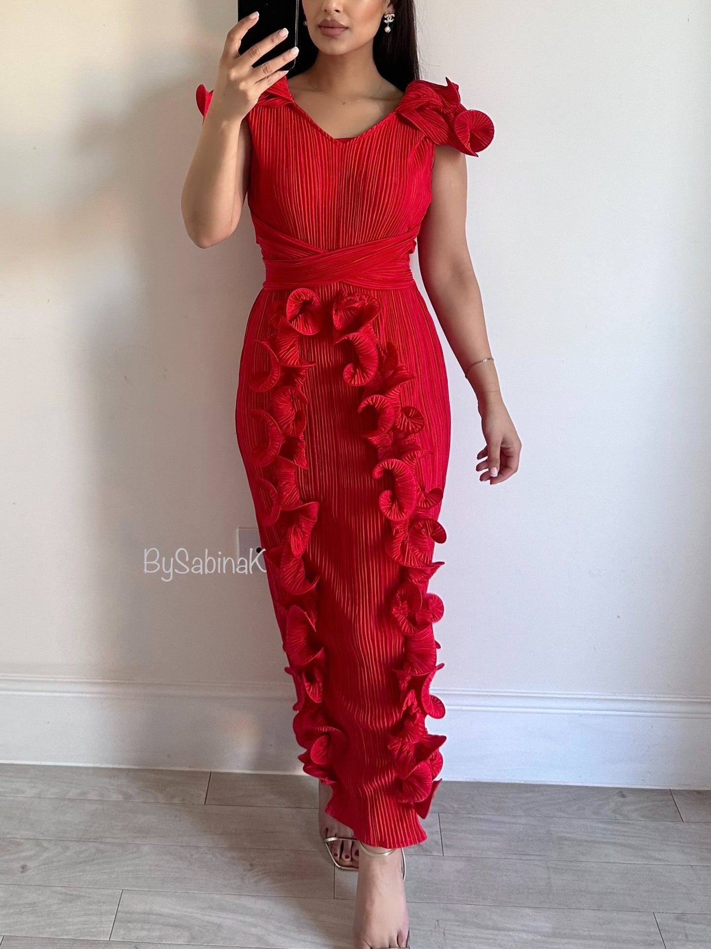 Red Ruffle Pleated Sleeveless Dress