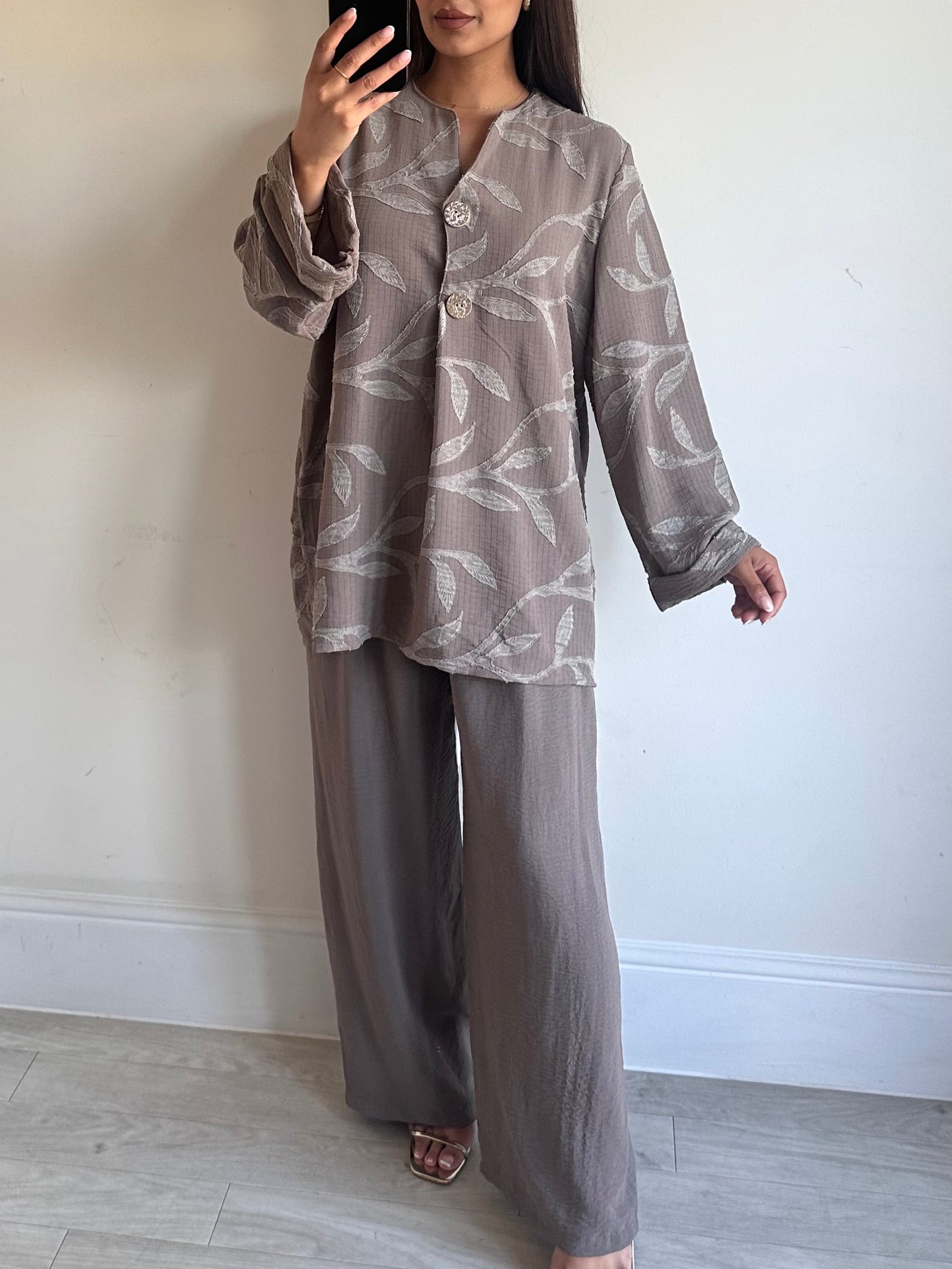 Taupe Floral Linen Gold Button Co-ord Set