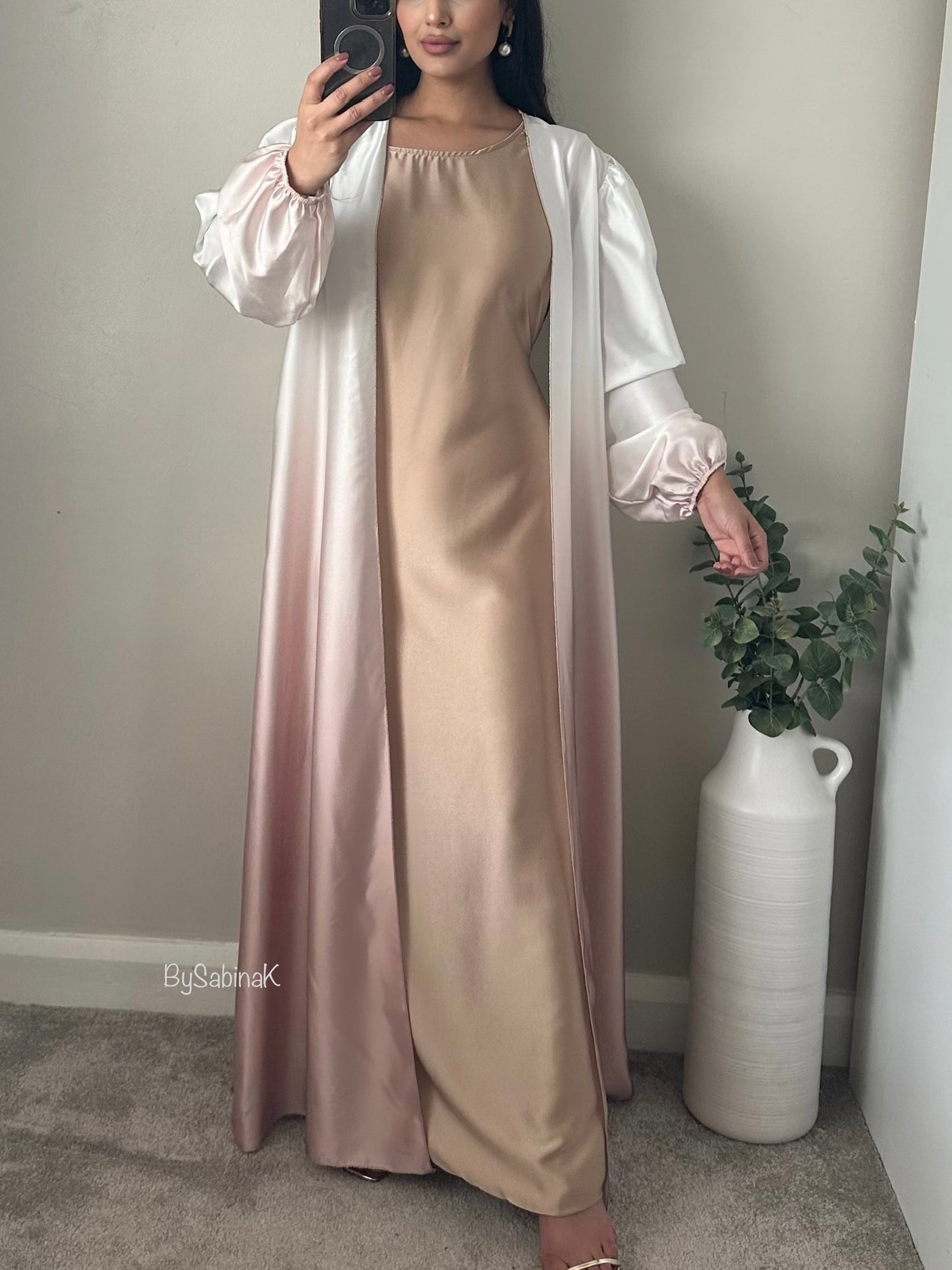 Beige Nude Satin Ombré Abaya Set