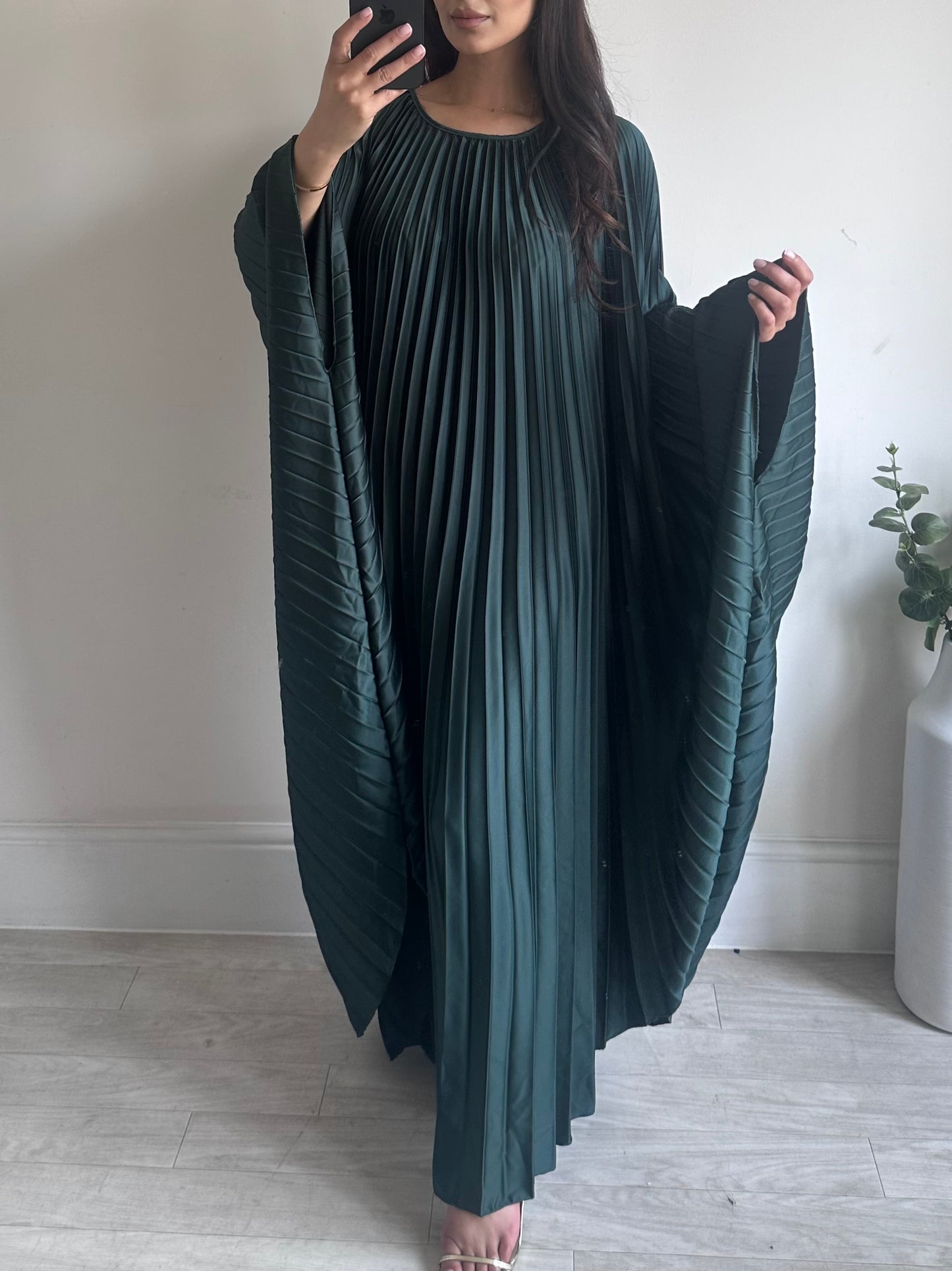 Green Pleated Satin Kaftan Dress