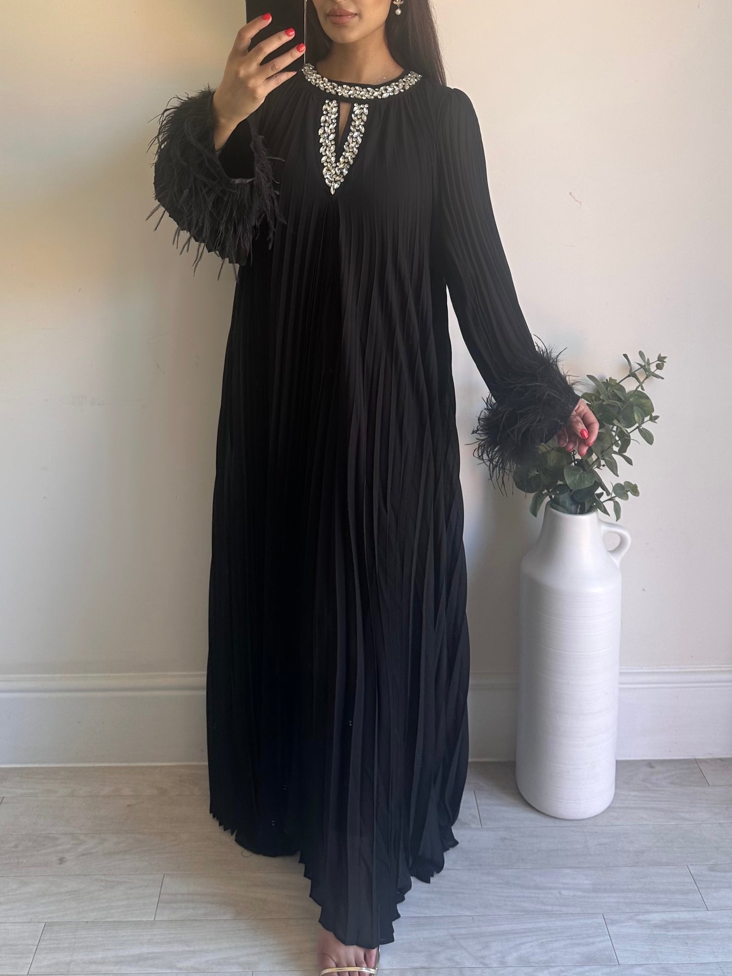 Black Fur Premium Diamanté Pleated Chiffon Dress