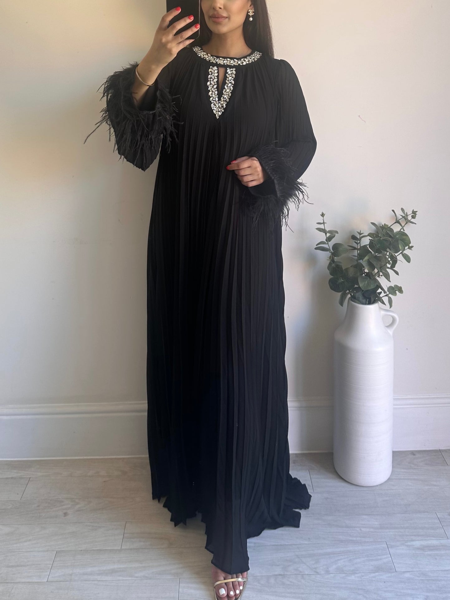 Black Fur Premium Diamanté Pleated Chiffon Dress