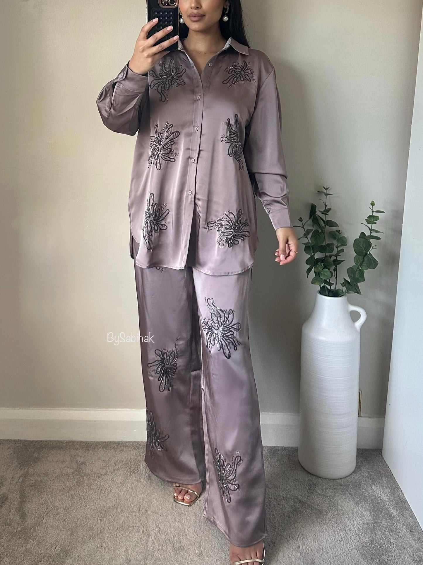 Mauve Sequin Embellished Satin Co-ord (Premium Quality)