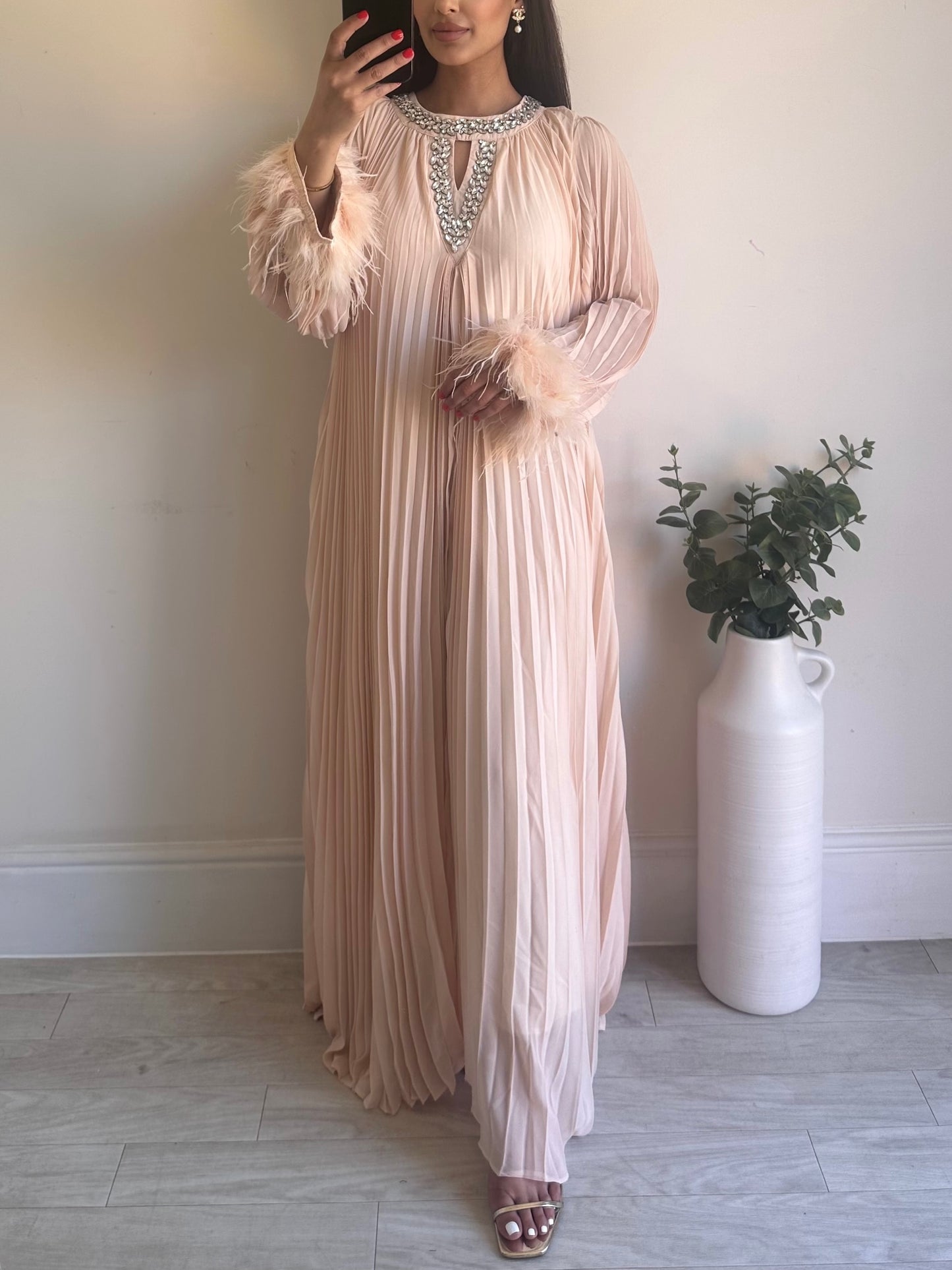 Peach Fur Premium Diamanté Pleated Chiffon Dress