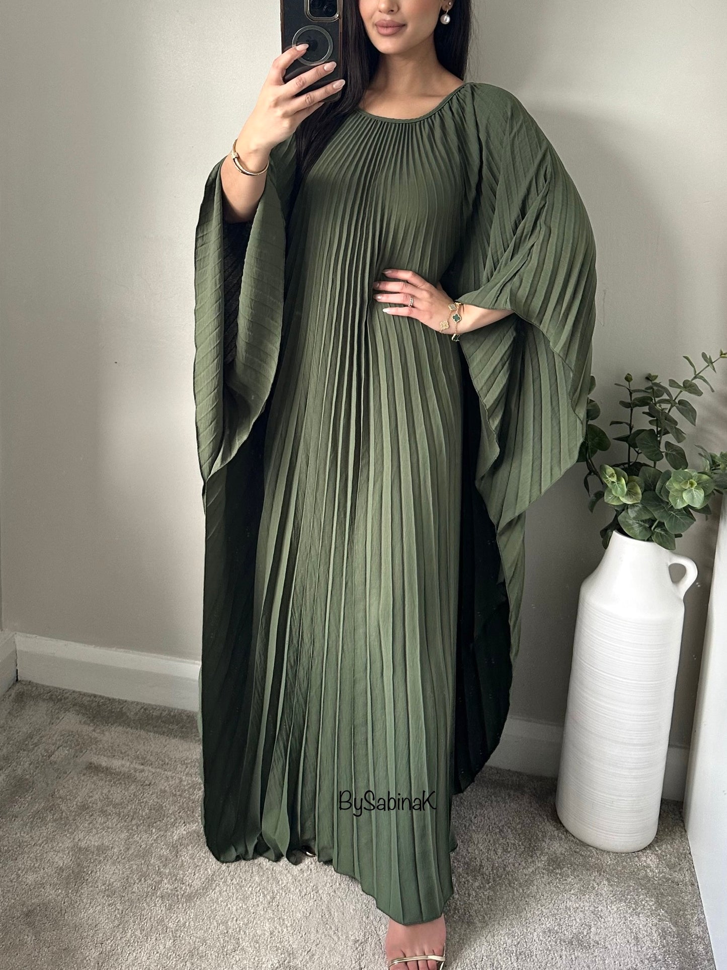 Khaki Pleated Cape Dress Satin