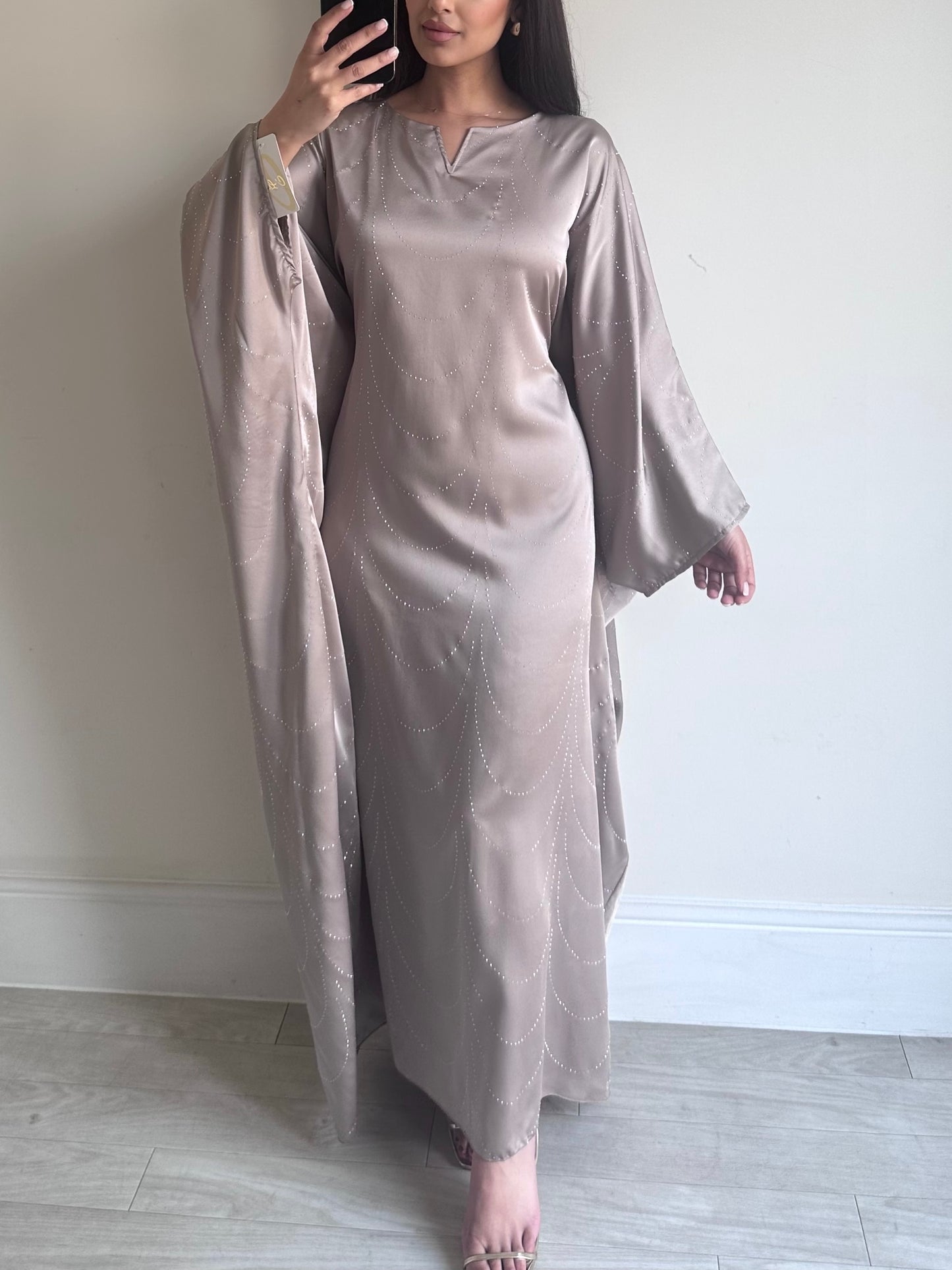 Taupe Rhinestone Butterfly Abaya Kaftan