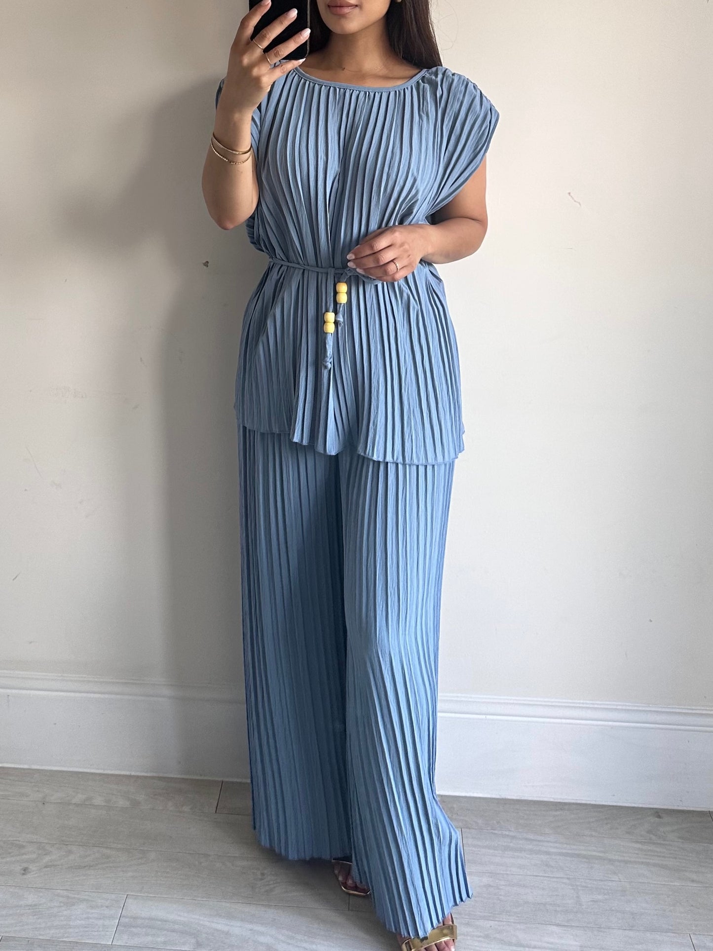 Blue Pleated Short Sleeve Set Co-ord