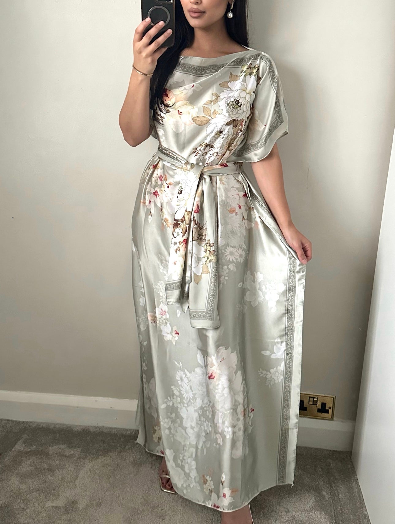Silver/Mint Satin Printed Kaftan