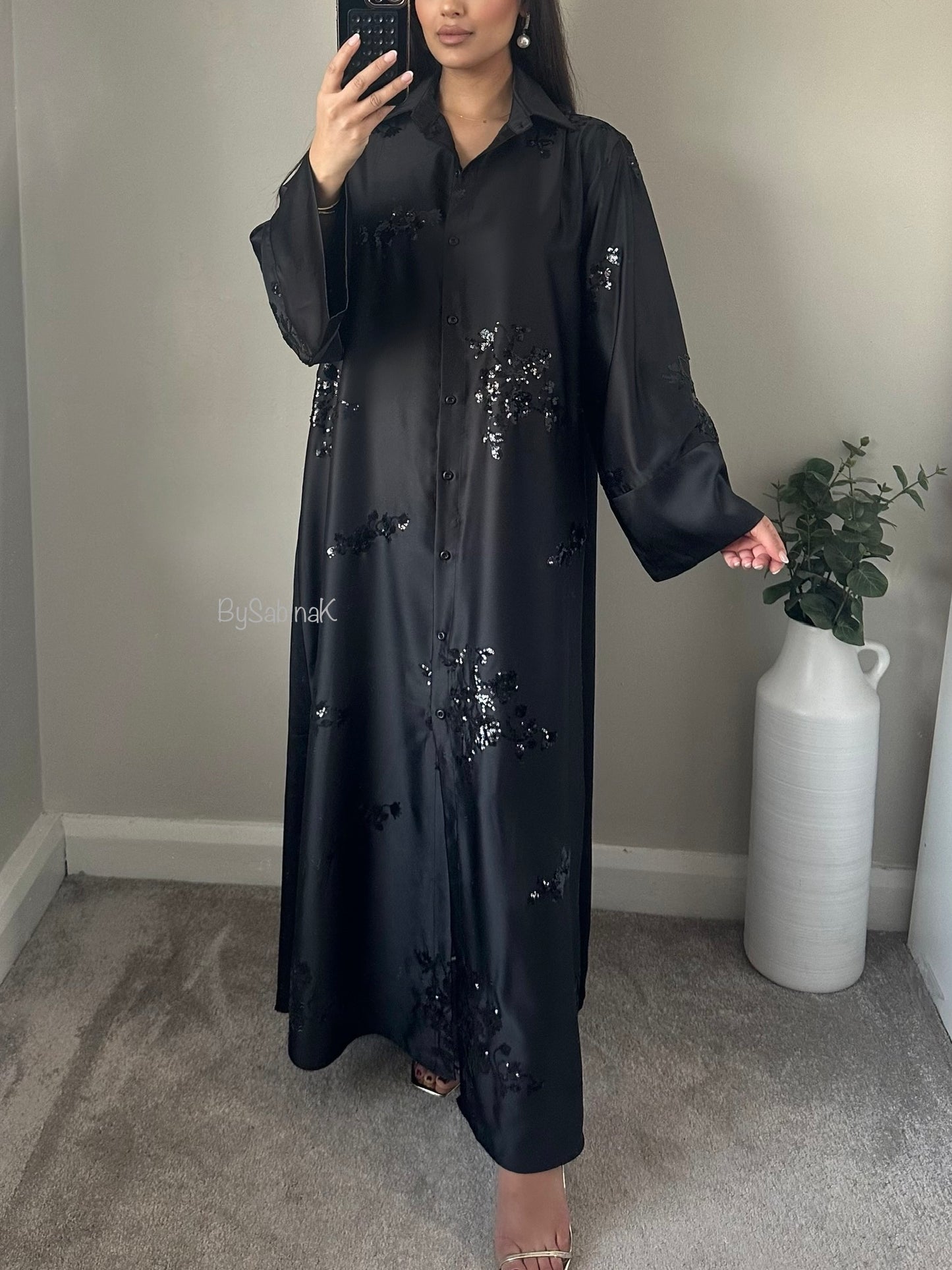 Black Buttoned Satin Floral Sequin Kaftan Abaya
