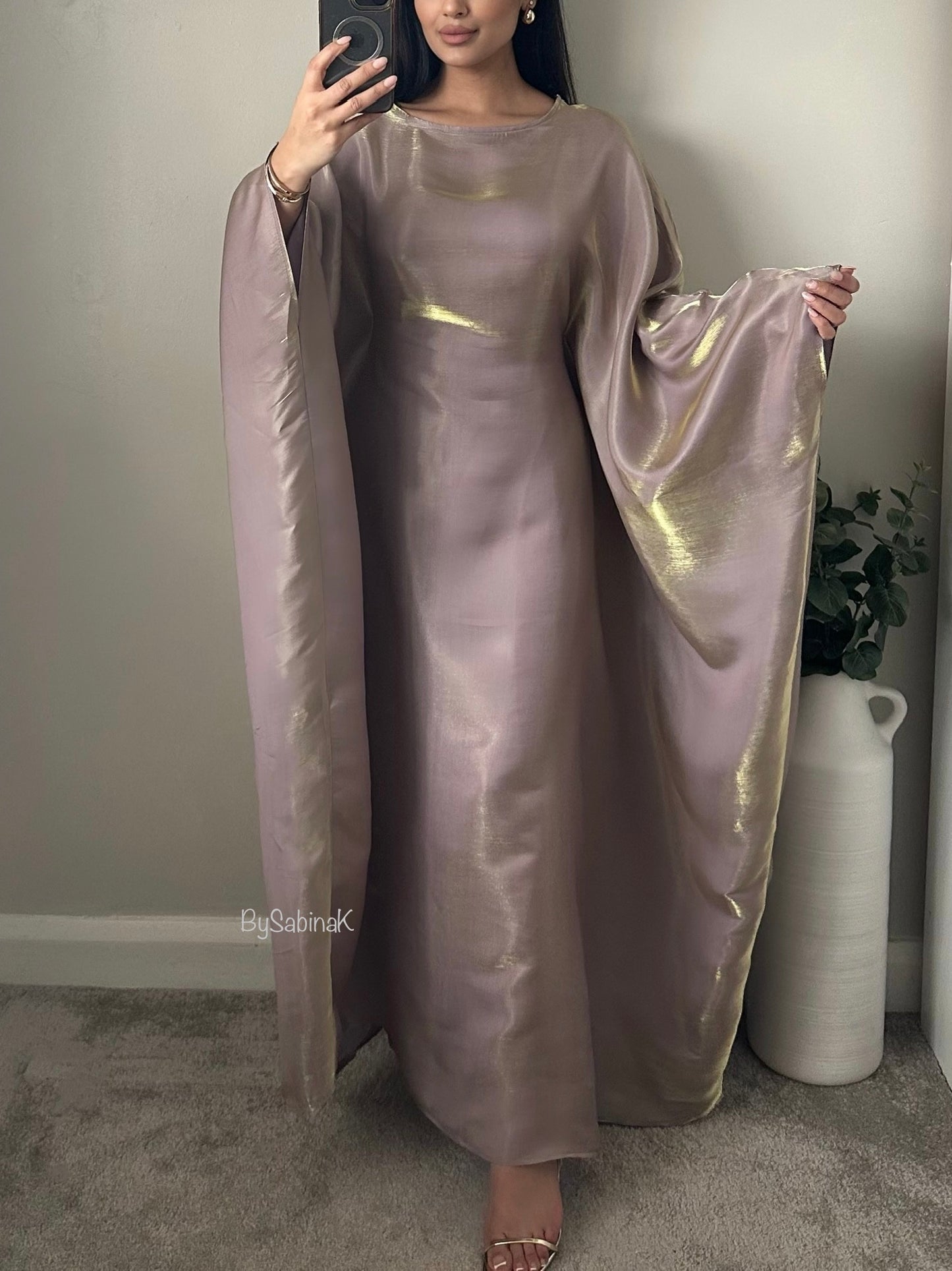 Mauve Gold Shimmer Organza Butterfly Kaftan