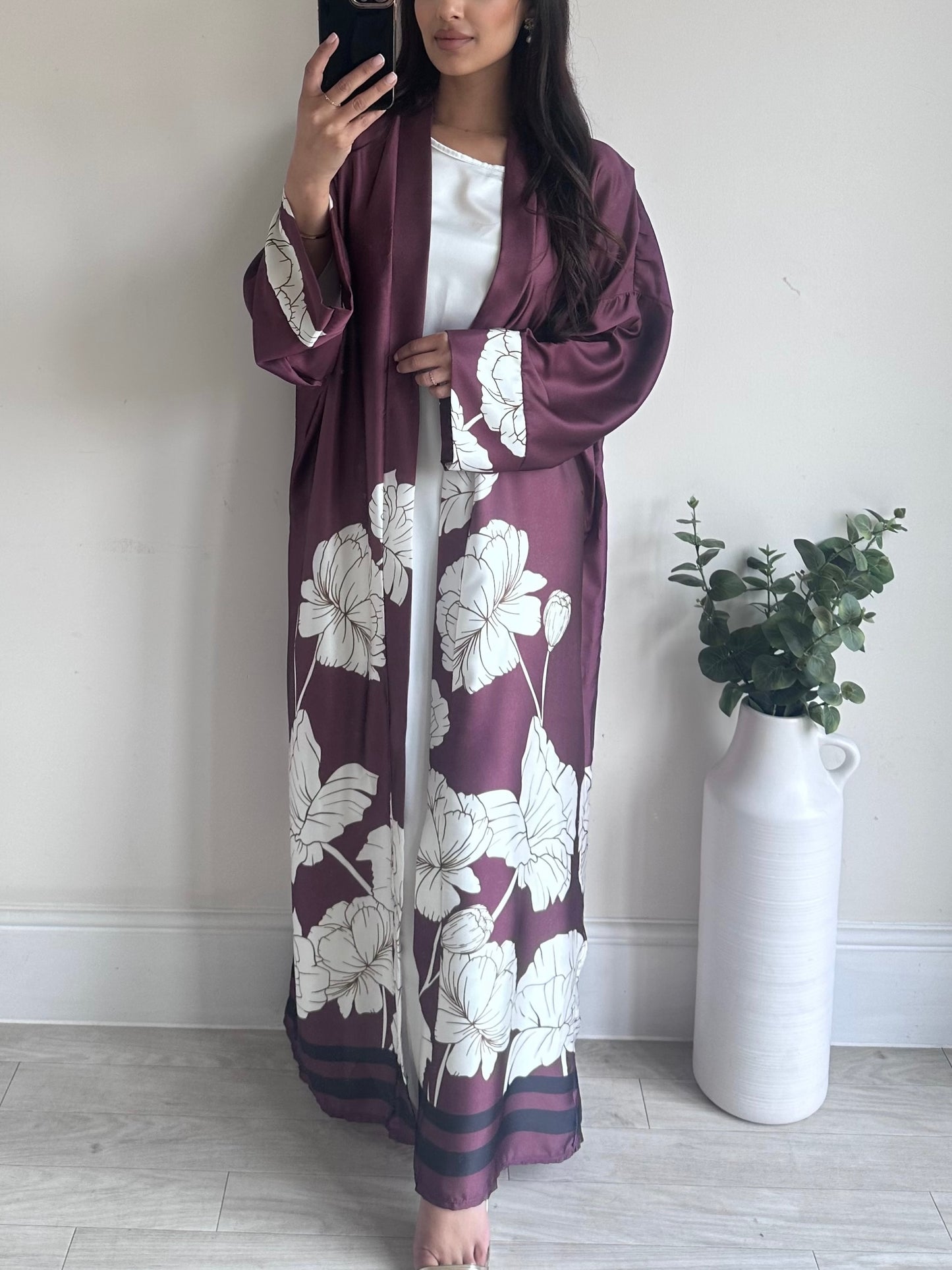 Purple Floral Satin Kimono 2 PC Set