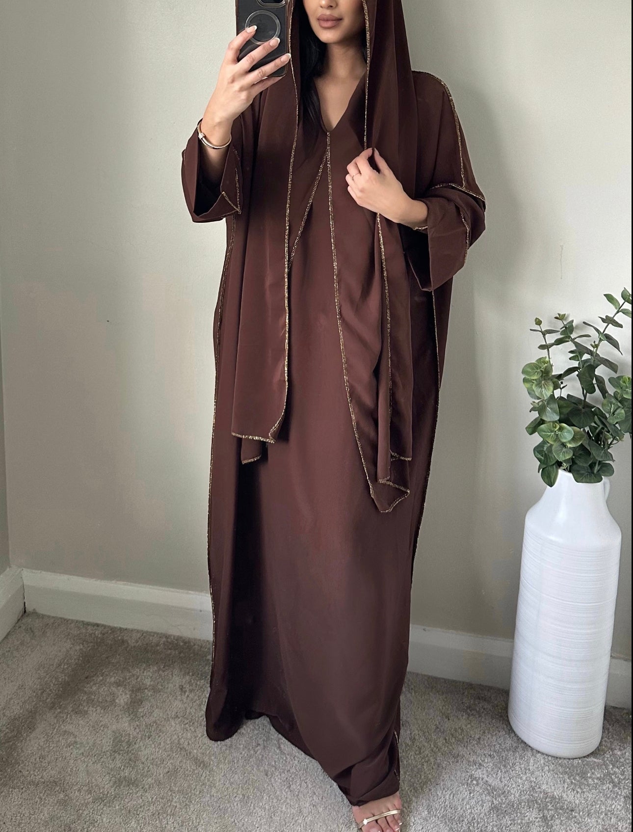 Brown Gold Abaya With Attached Scarf Hijab