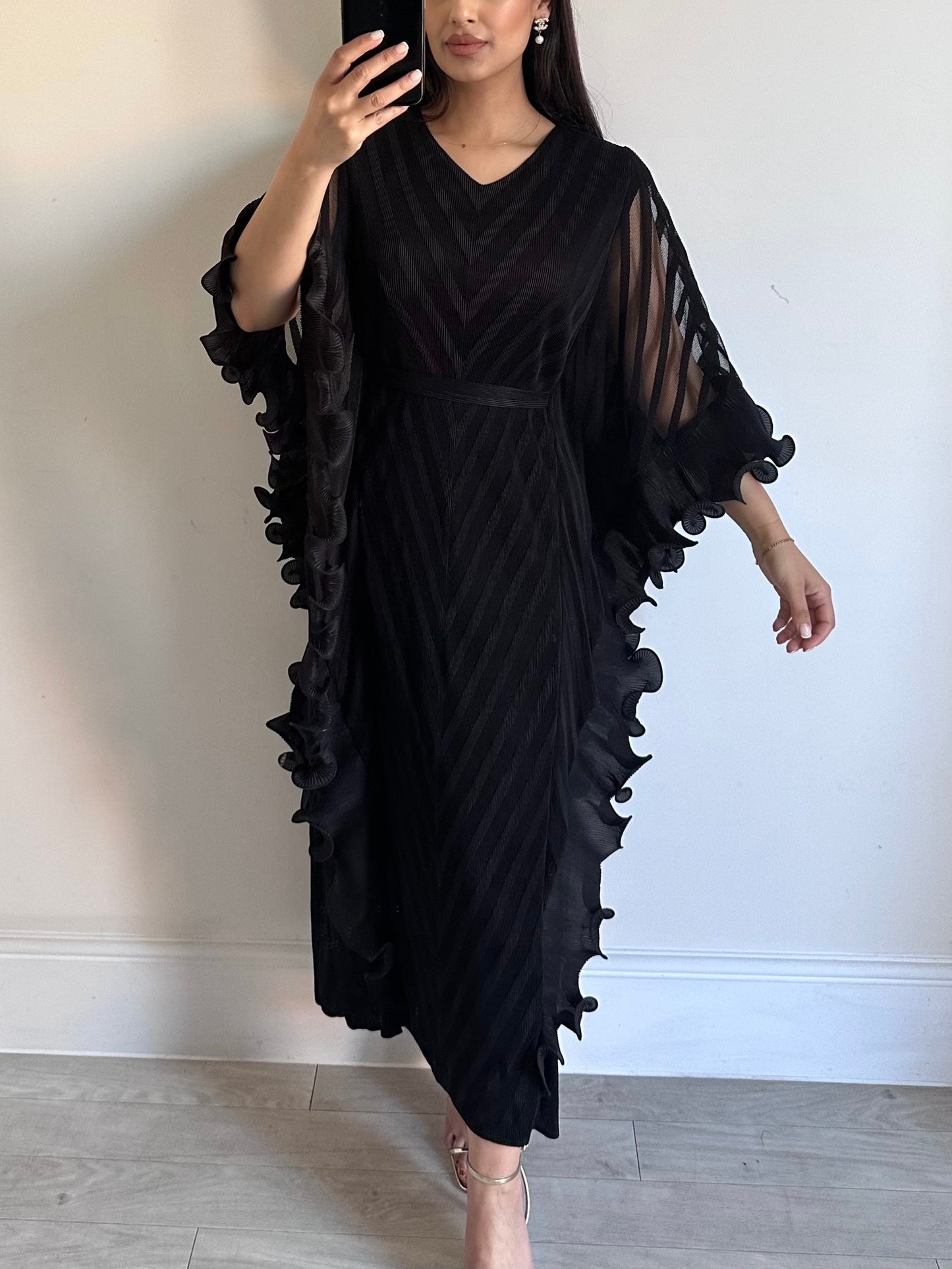 Black Ruffle Belted Pleated Kaftan Dress
