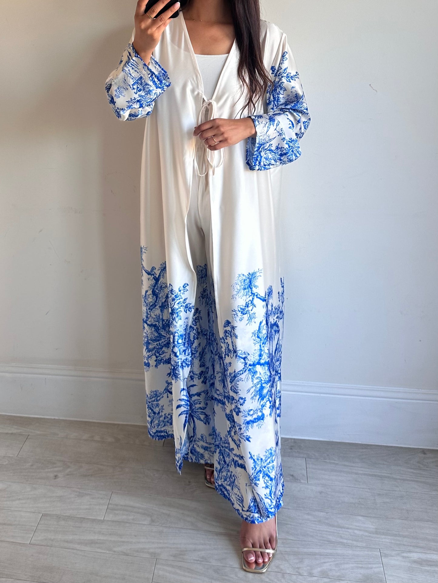 Blue Printed Satin Kimono Co-ord