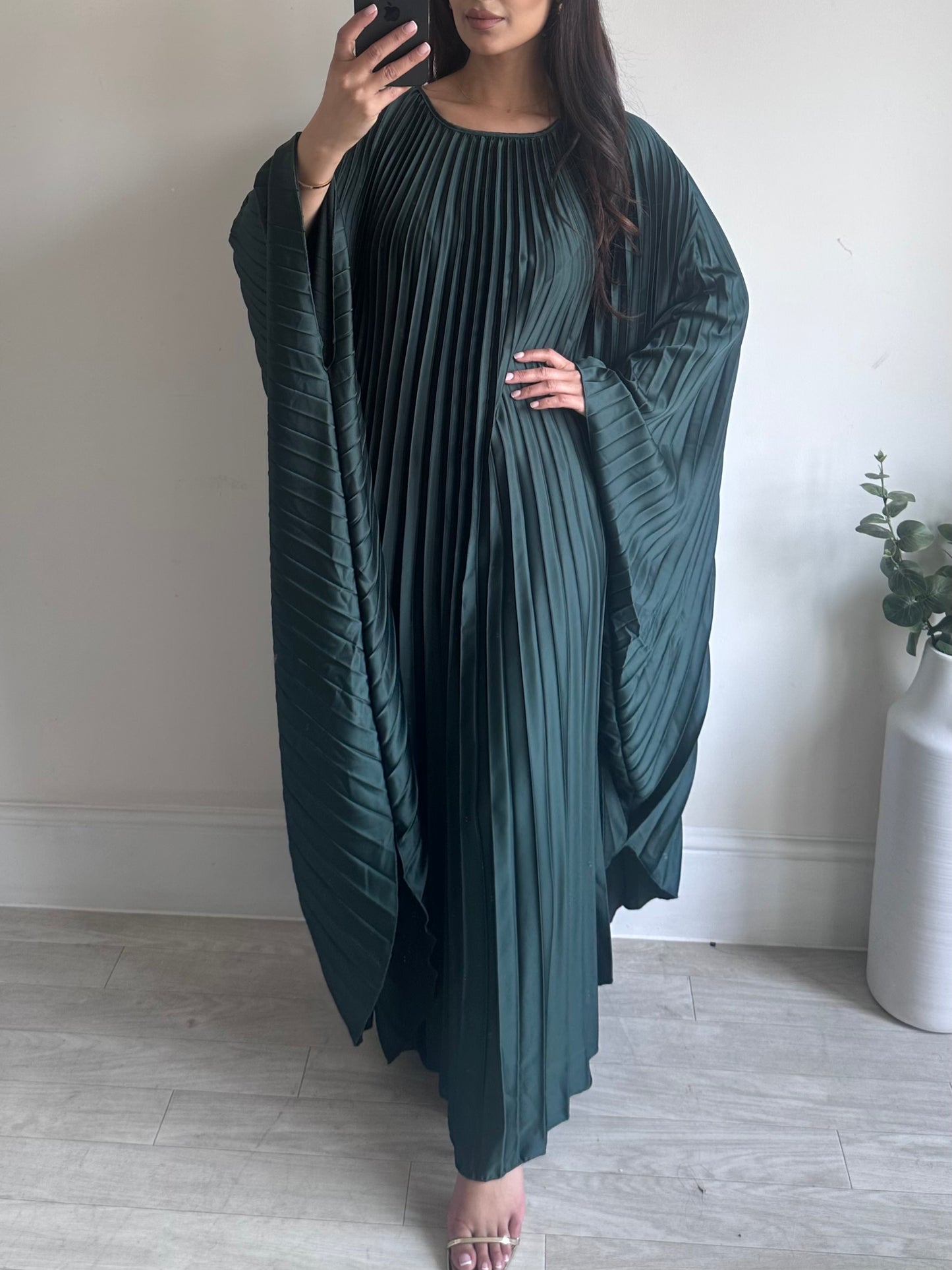 Green Pleated Satin Kaftan Dress