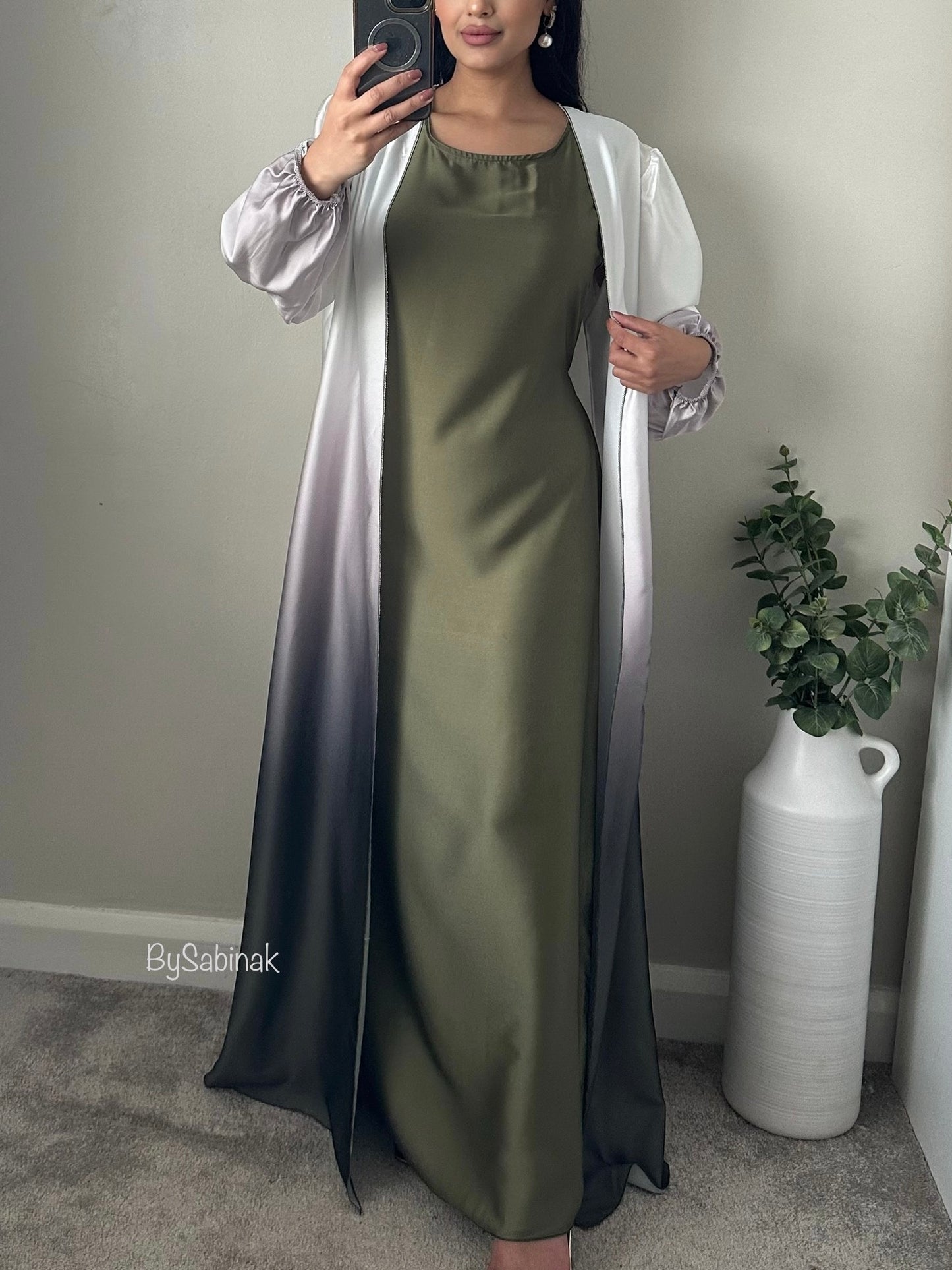 Khaki Green Satin Ombré Abaya Set