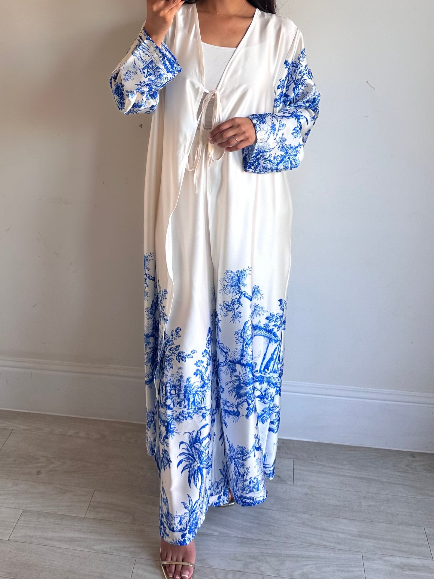 Blue Printed Satin Kimono Co-ord
