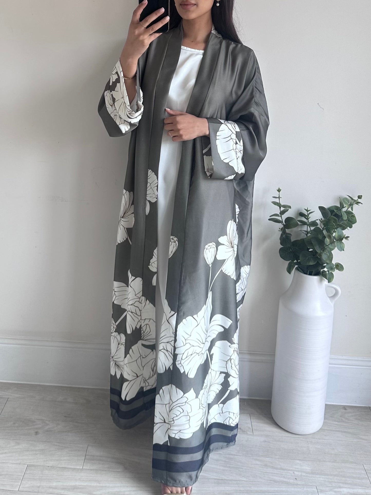 Khaki Green Floral Satin Kimono 2 PC Set