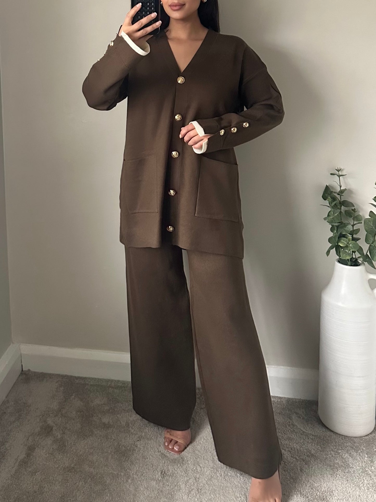 Khaki Green Gold Button Longline Cardigan Co-ord