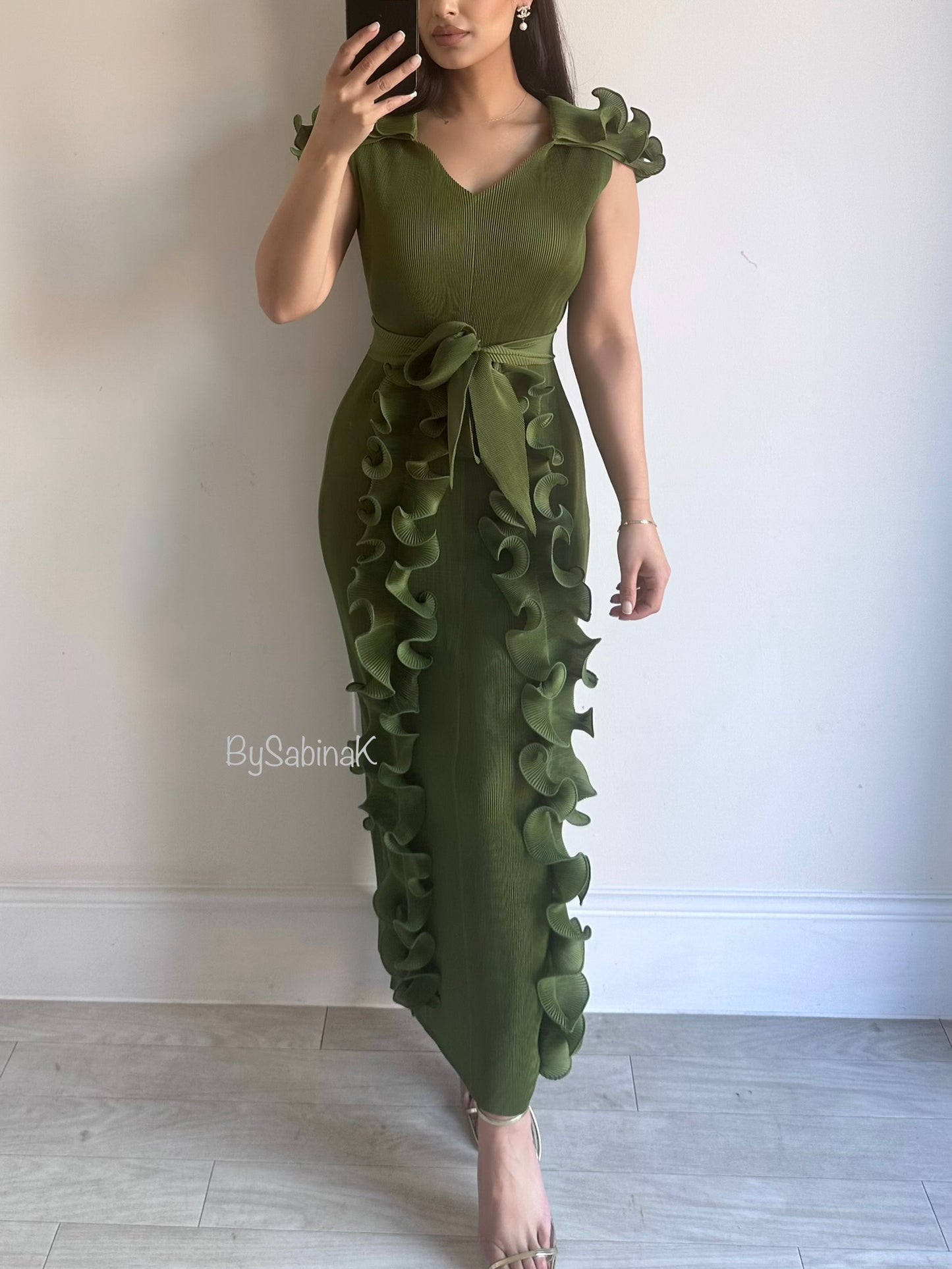 Lime Green Ruffle Pleated Sleeveless Dress