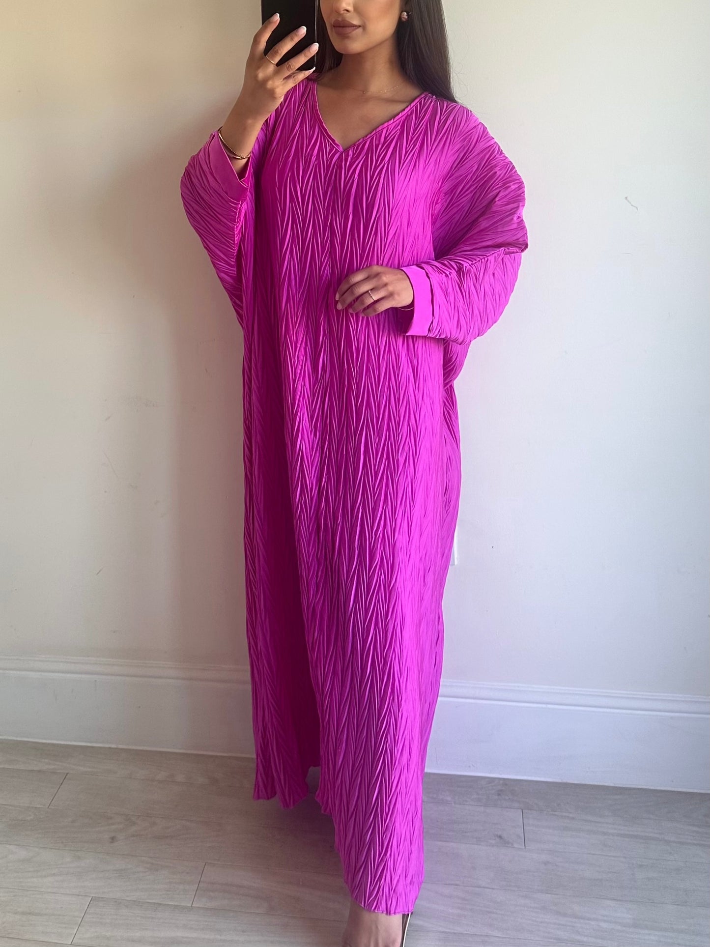 Pink Satin Pleated Batwing Dress