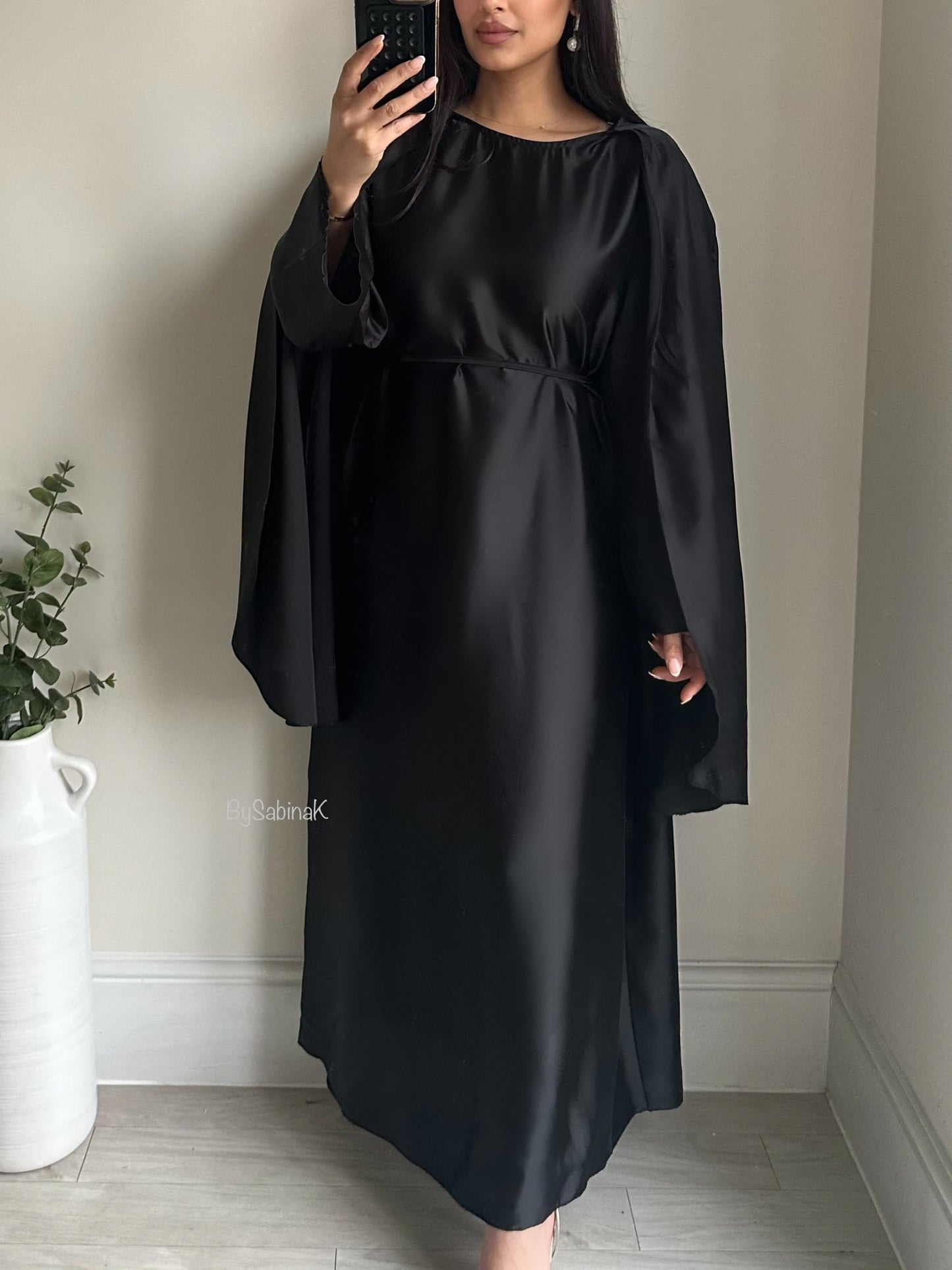Black Satin Maxi Cape Dress