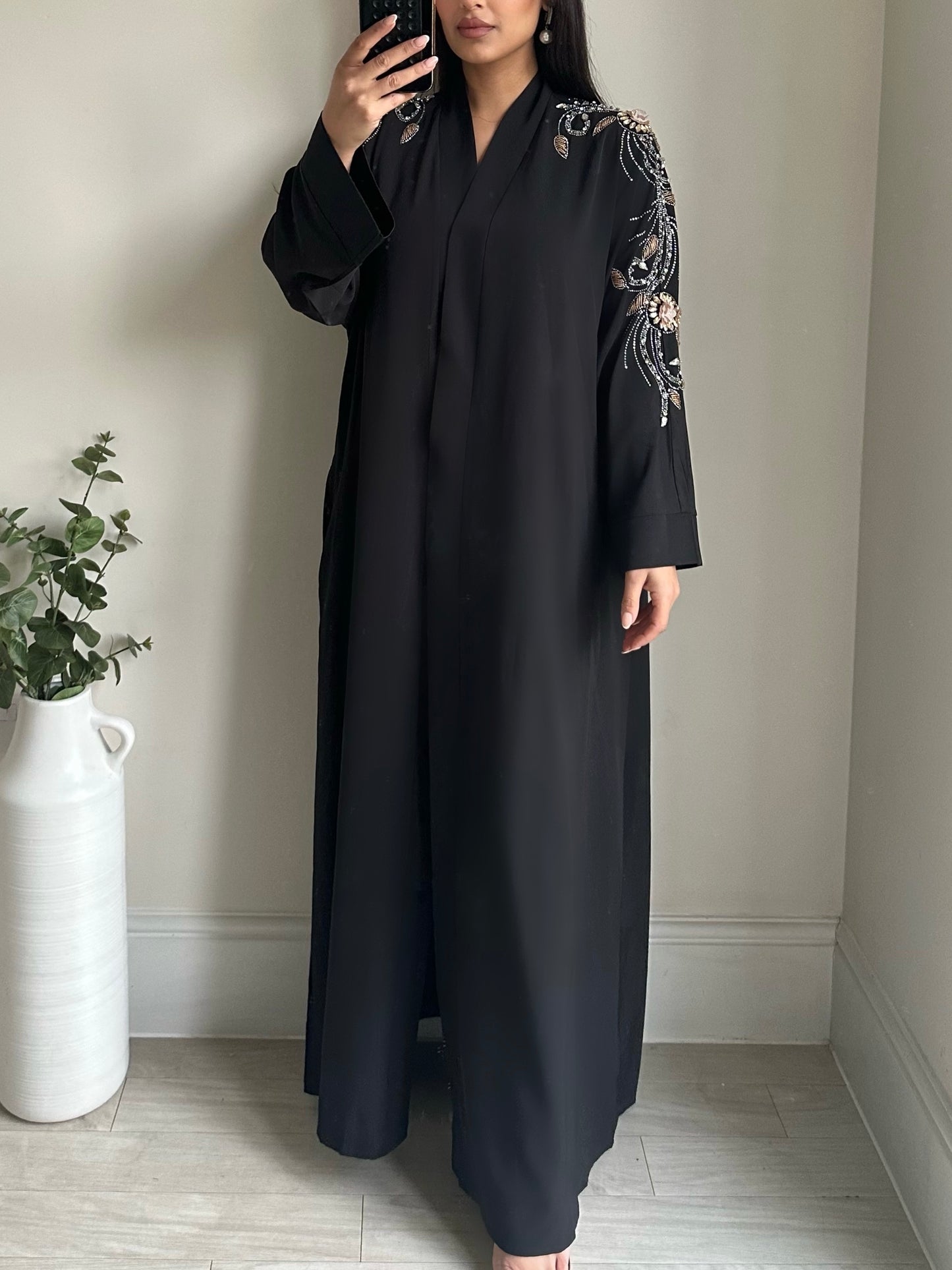 Black Embellished Open Buttoned Abaya