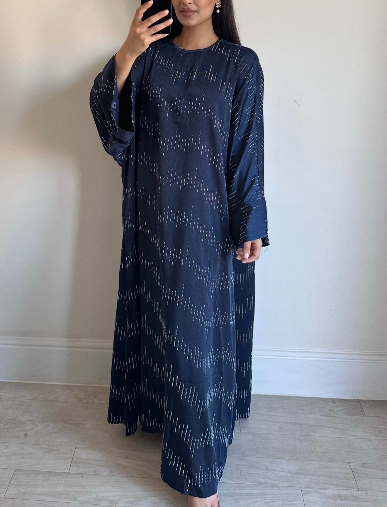 Navy Blue Rhinestone Kaftan Silk Abaya