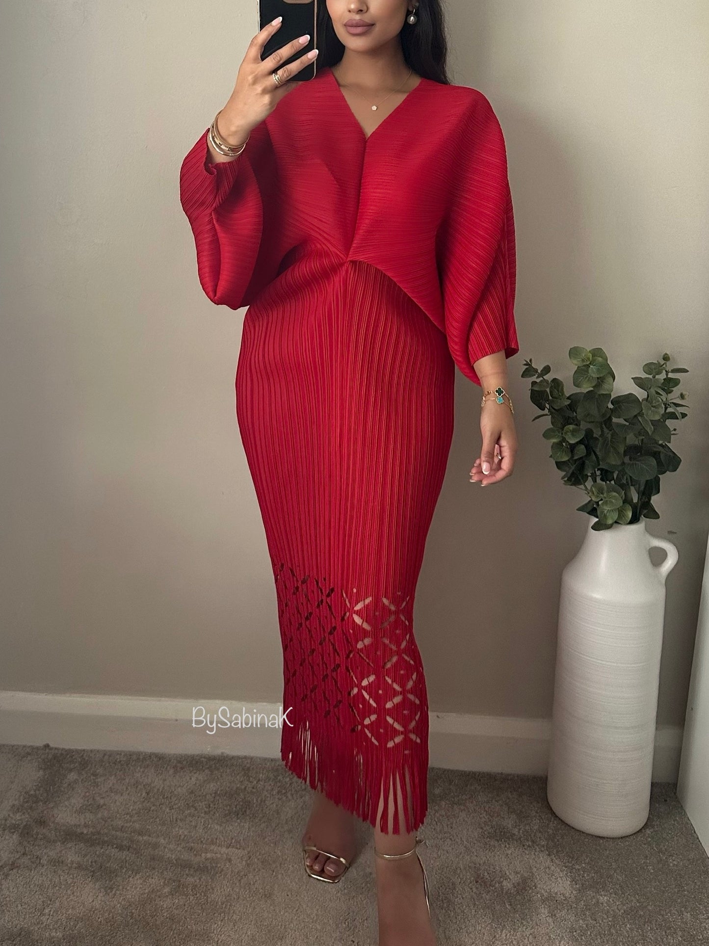 Red Pleated Cut Out Dress