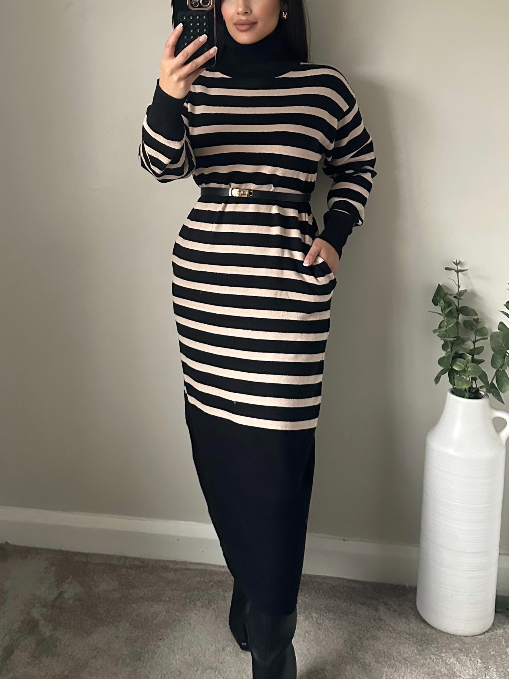 Beige Black Striped Maxi Jumper Dress