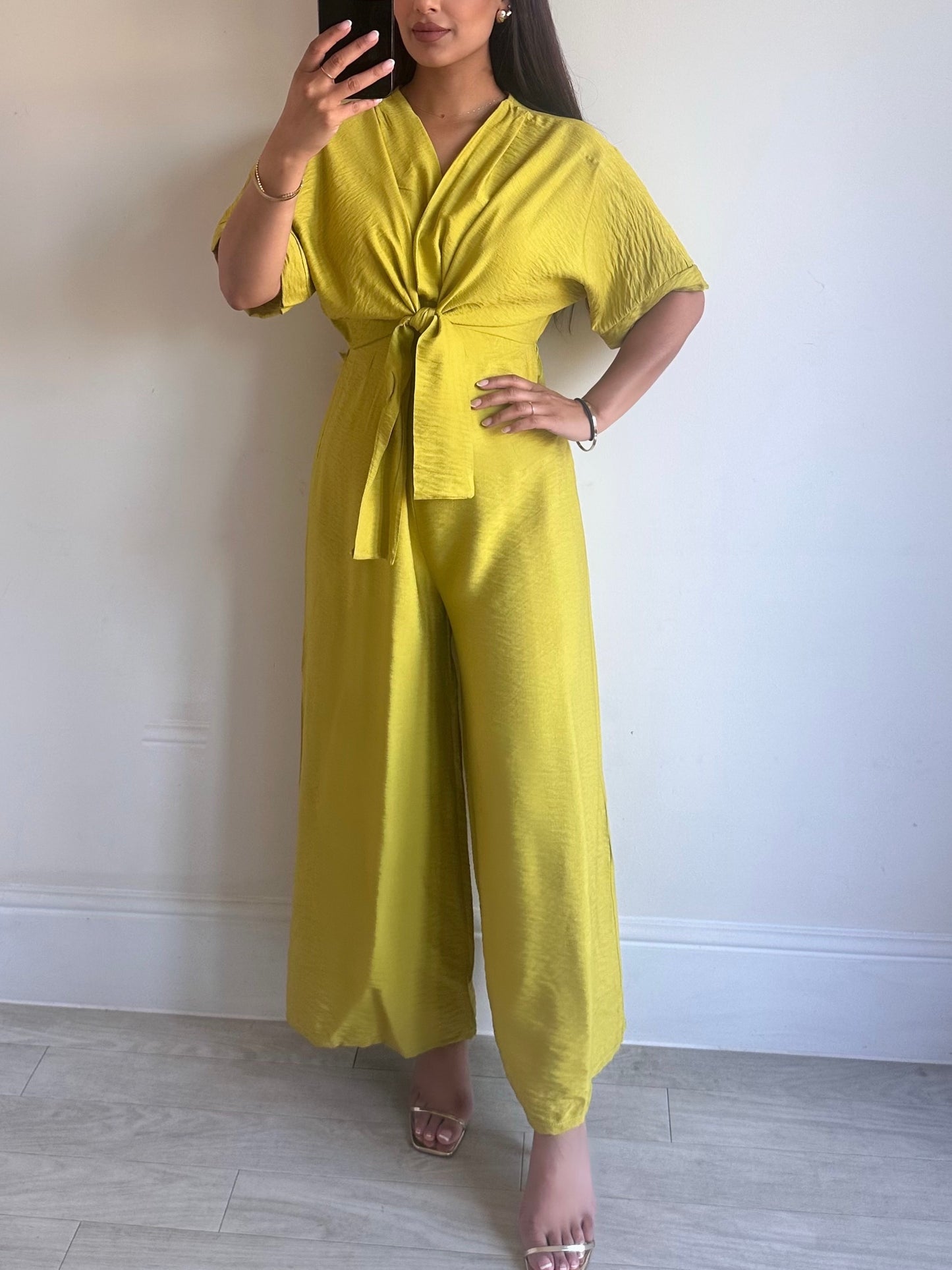 Lime Green Linen Look Wrap Jumpsuit