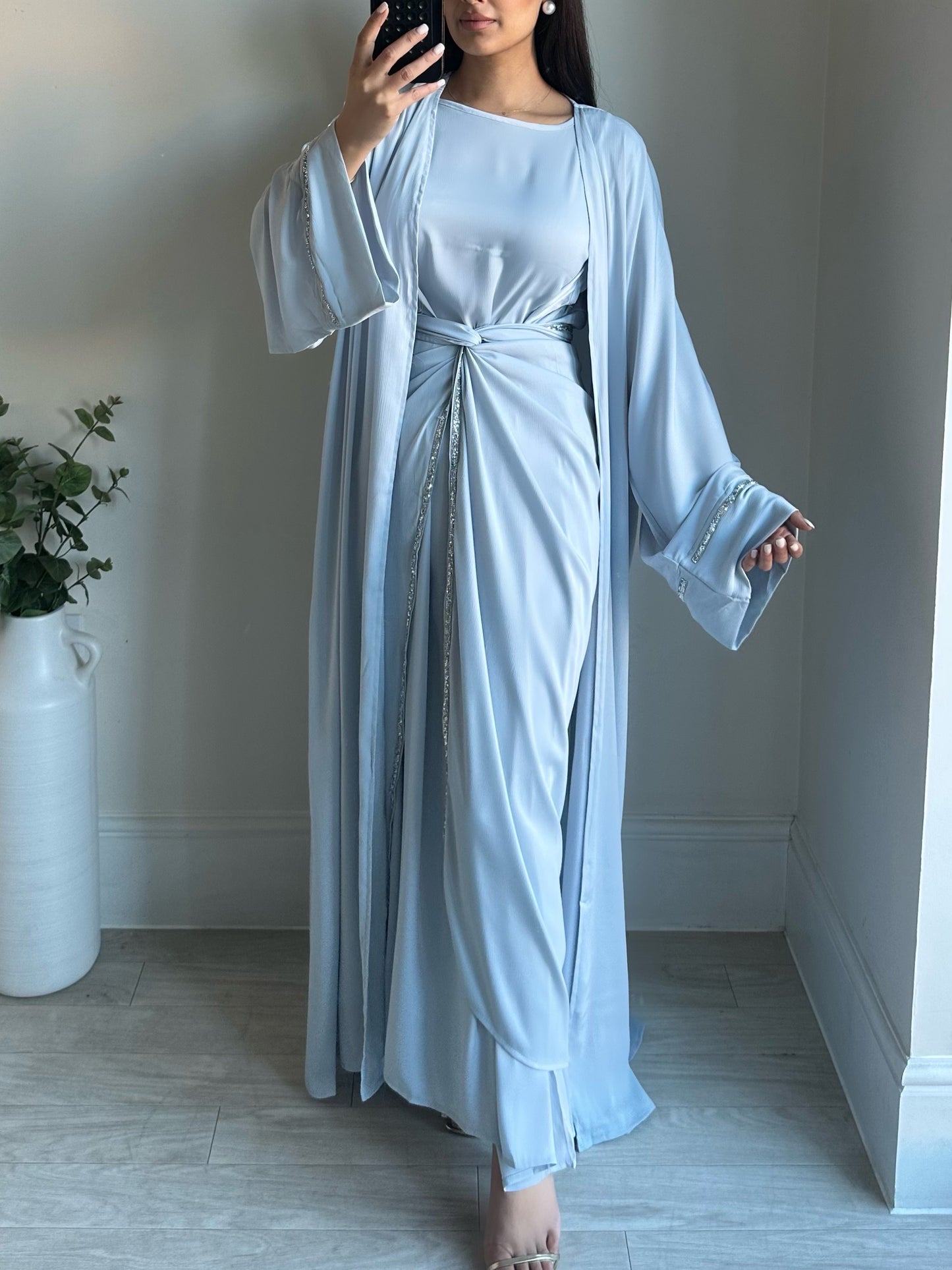 Blue Satin Wrap Dress Kimono Set