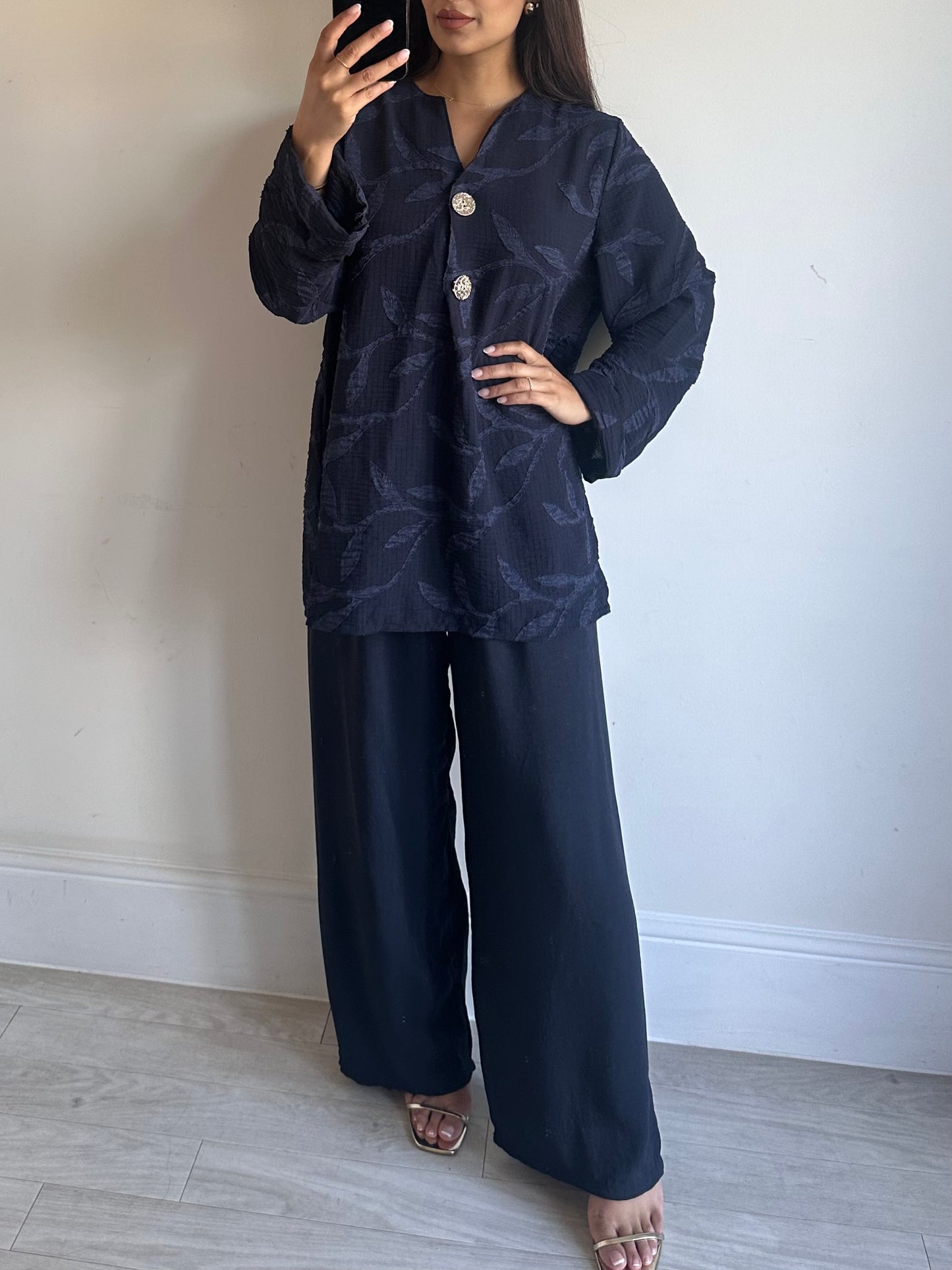 Navy Floral Linen Gold Button Co-ord Set