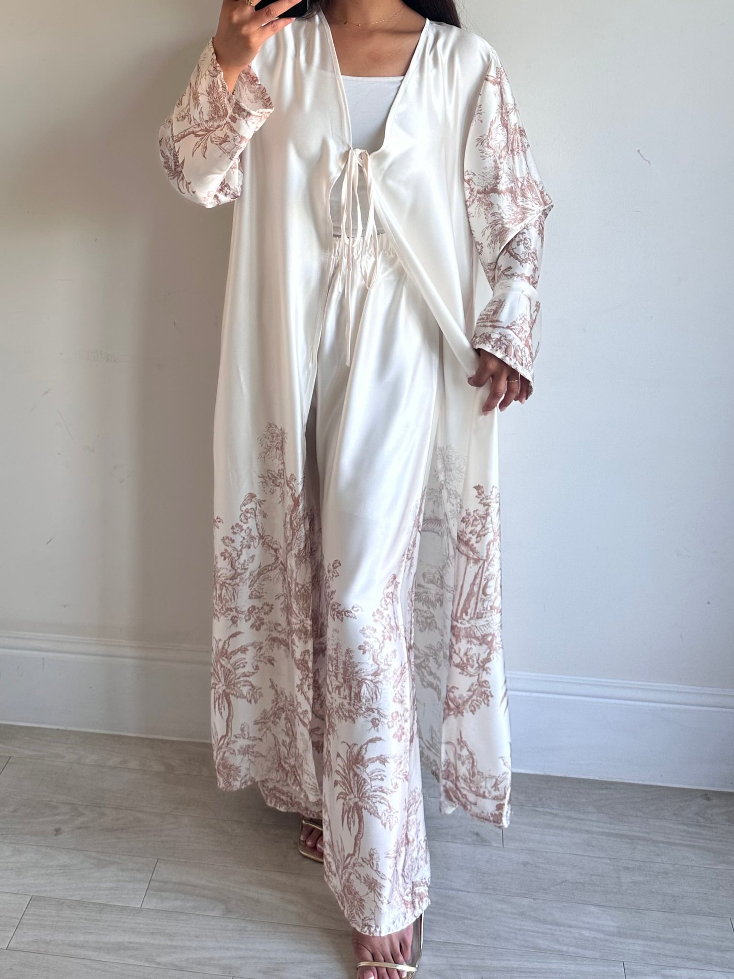 Brown Printed Satin Kimono Co-ord