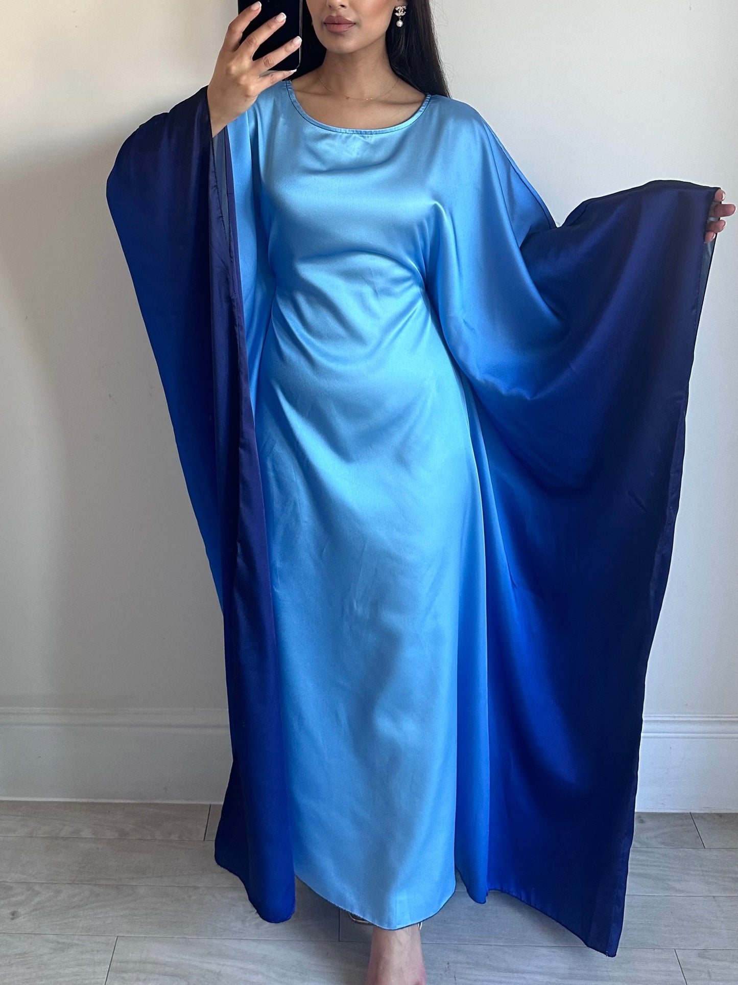 Navy Blue Tones Butterfly Ombré Satin Kaftan