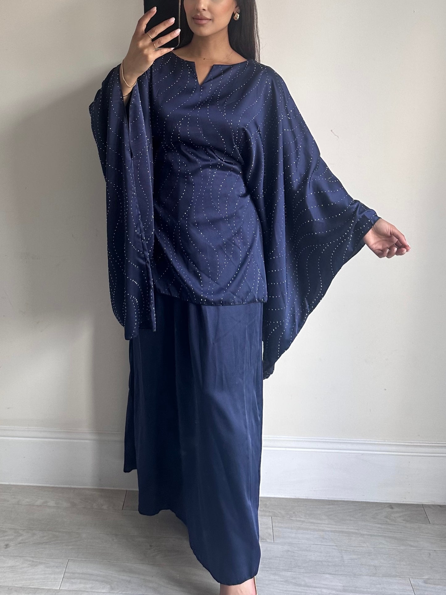 Navy Blue Satin Rhinestone Skirt Co-ord