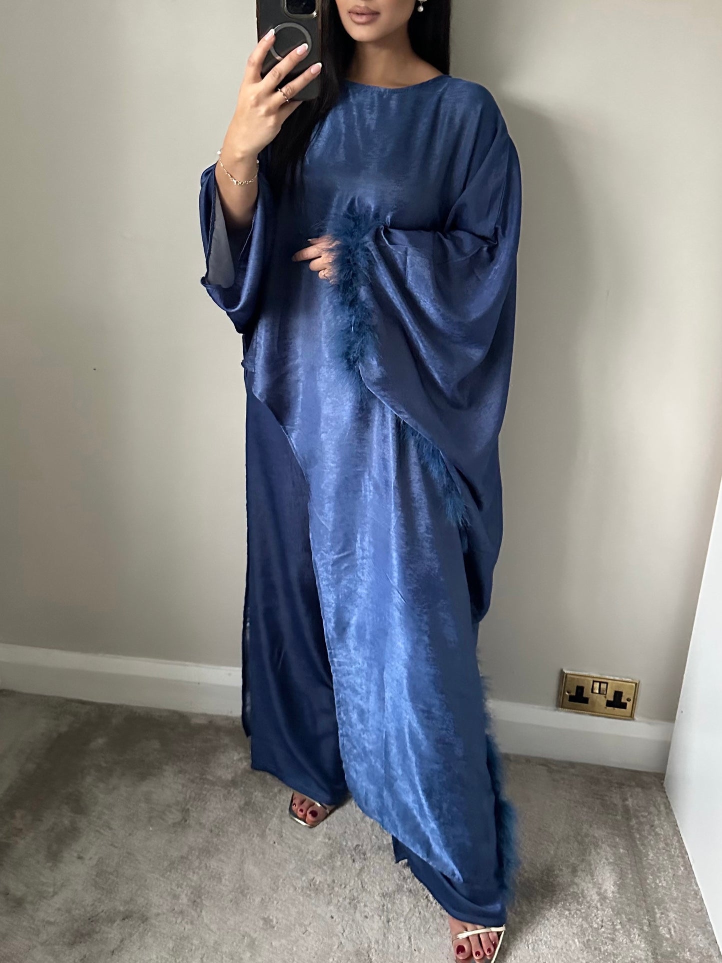 Blue Feather Trimmed Trousers Co-ord