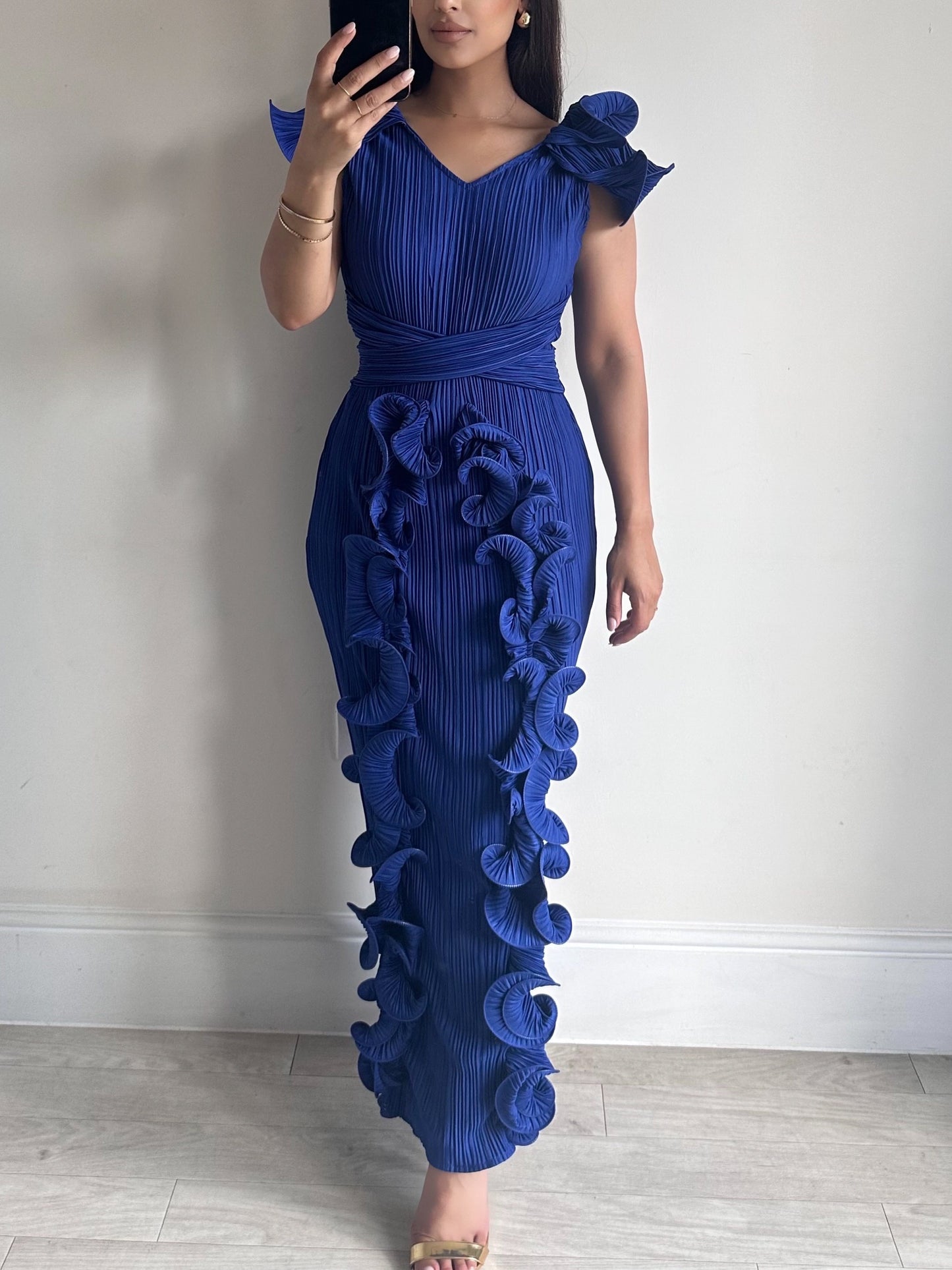 Blue Ruffle Pleated Sleeveless Dress