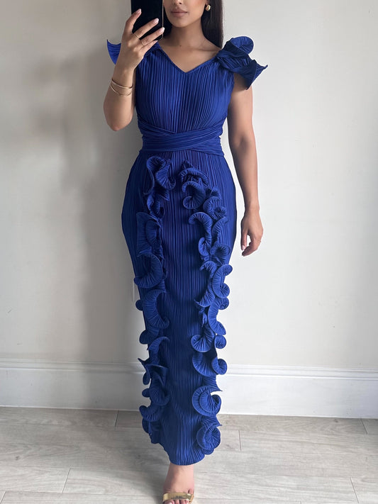 Blue Ruffle Pleated Sleeveless Dress