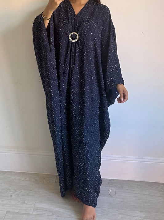 Navy Blue Cotton Rhinestone Drape Brooch Kaftan